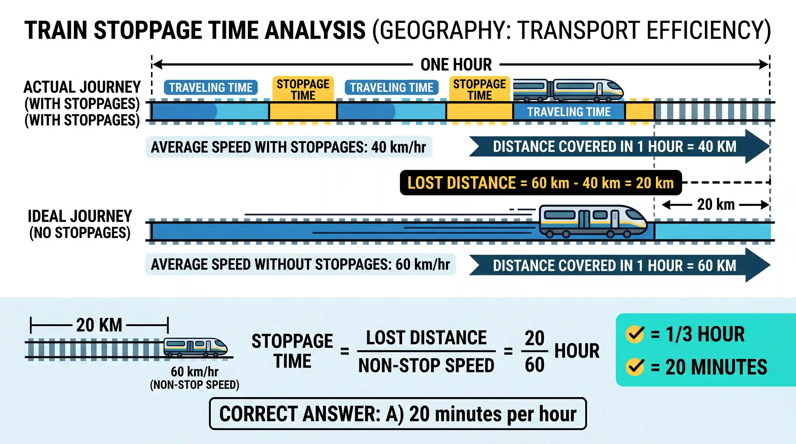 geography: A train completes a journey with a few stoppages in between at an average speed of 40 km per hour. If the train had not
