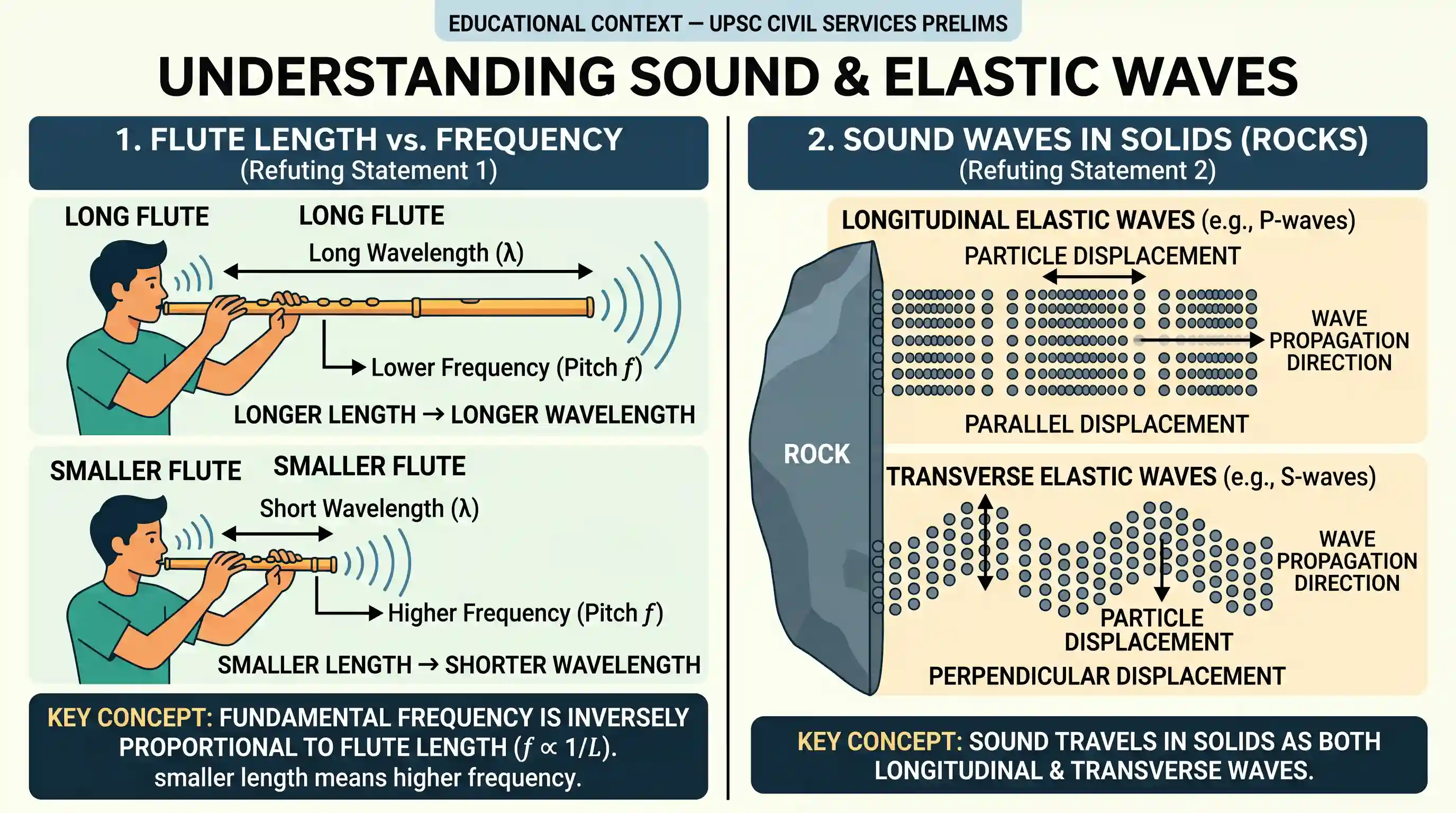 science-and-technology: Consider the following statements: 1. a flute of smaller length produces waves of lower frequency. 2. Sound travels in r