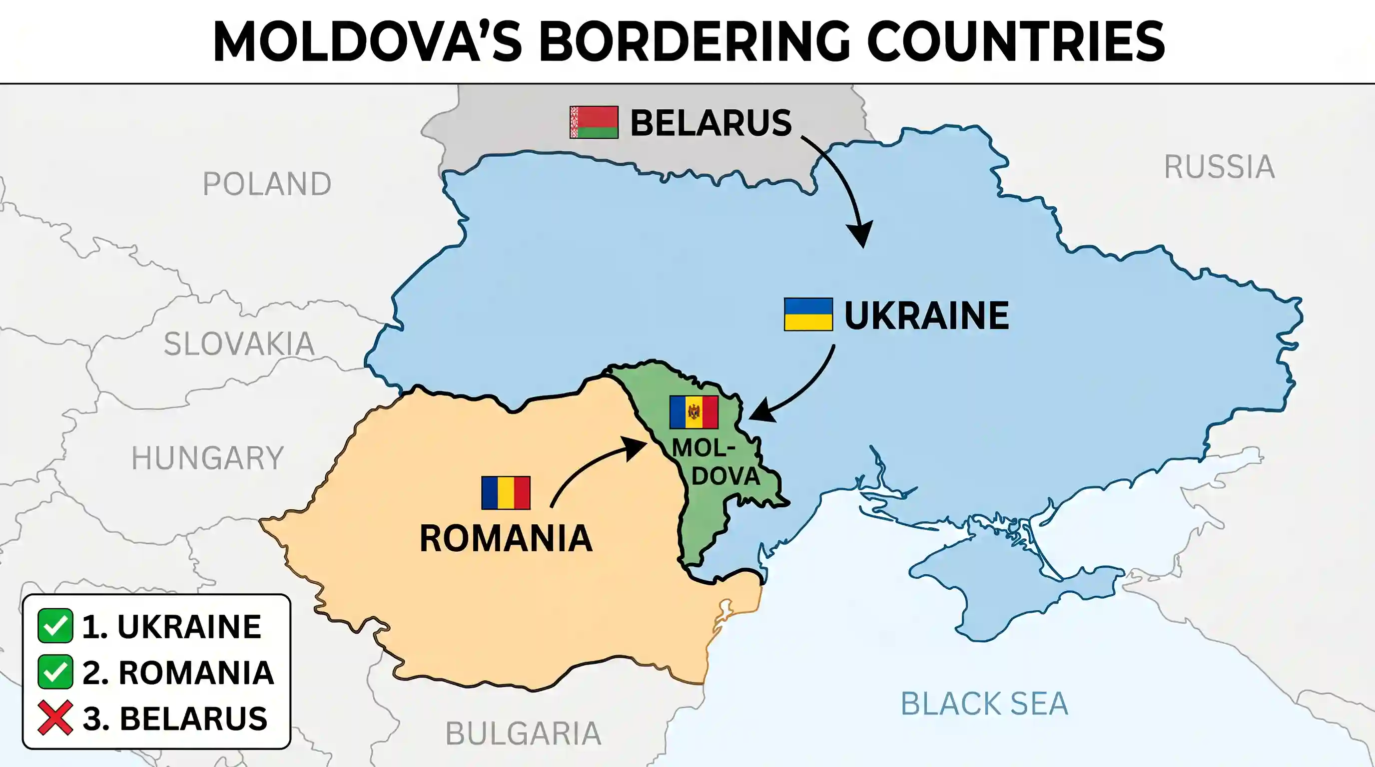 geography: Which of the following countries share borders with Moldova? 1. Ukraine 2. Romania 3. Belarus Select the correct answer