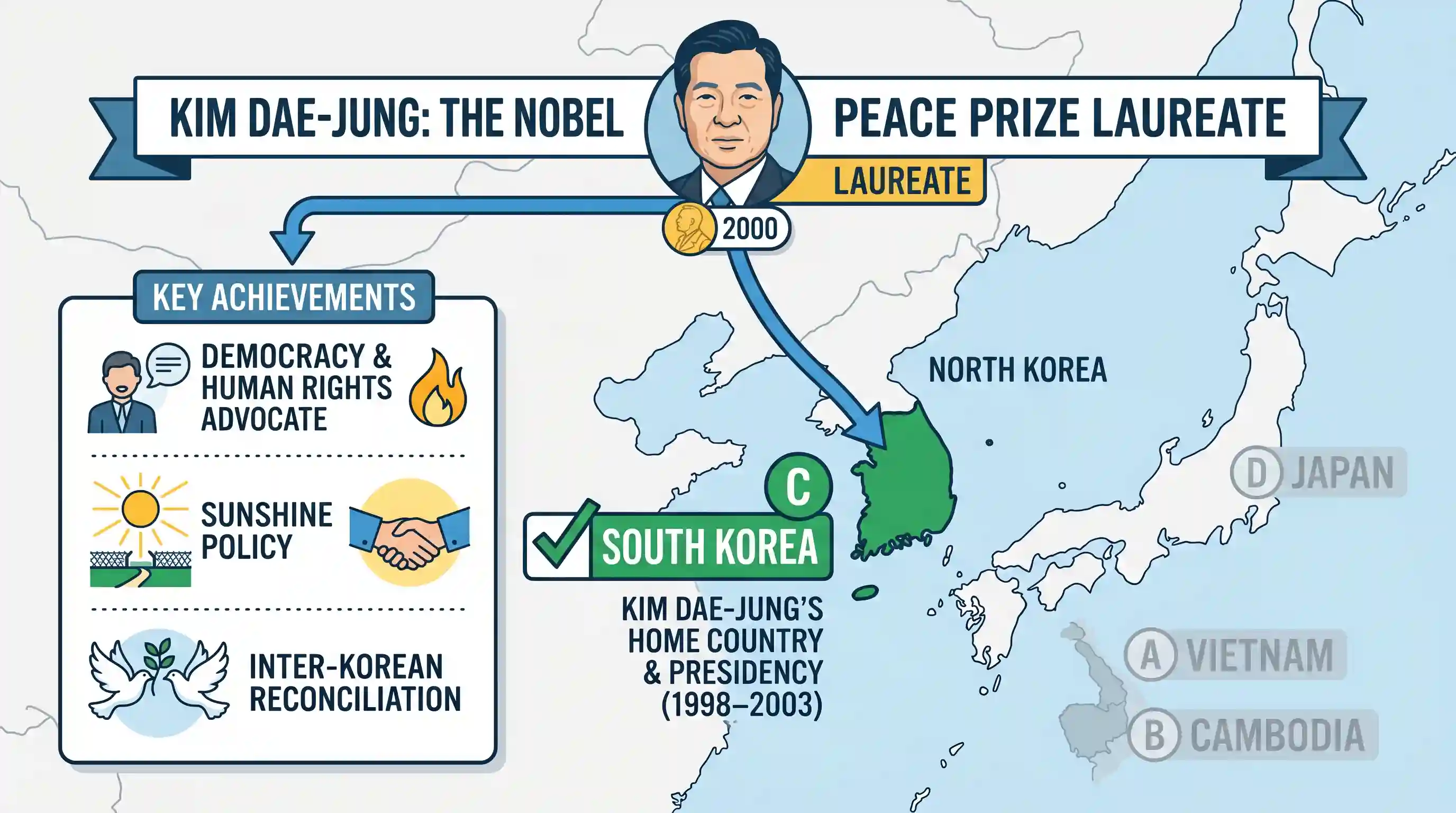 polity-and-governance: Kim Dae-jung won the Nobel Prize for Peace. He is from which one of the following countries?
