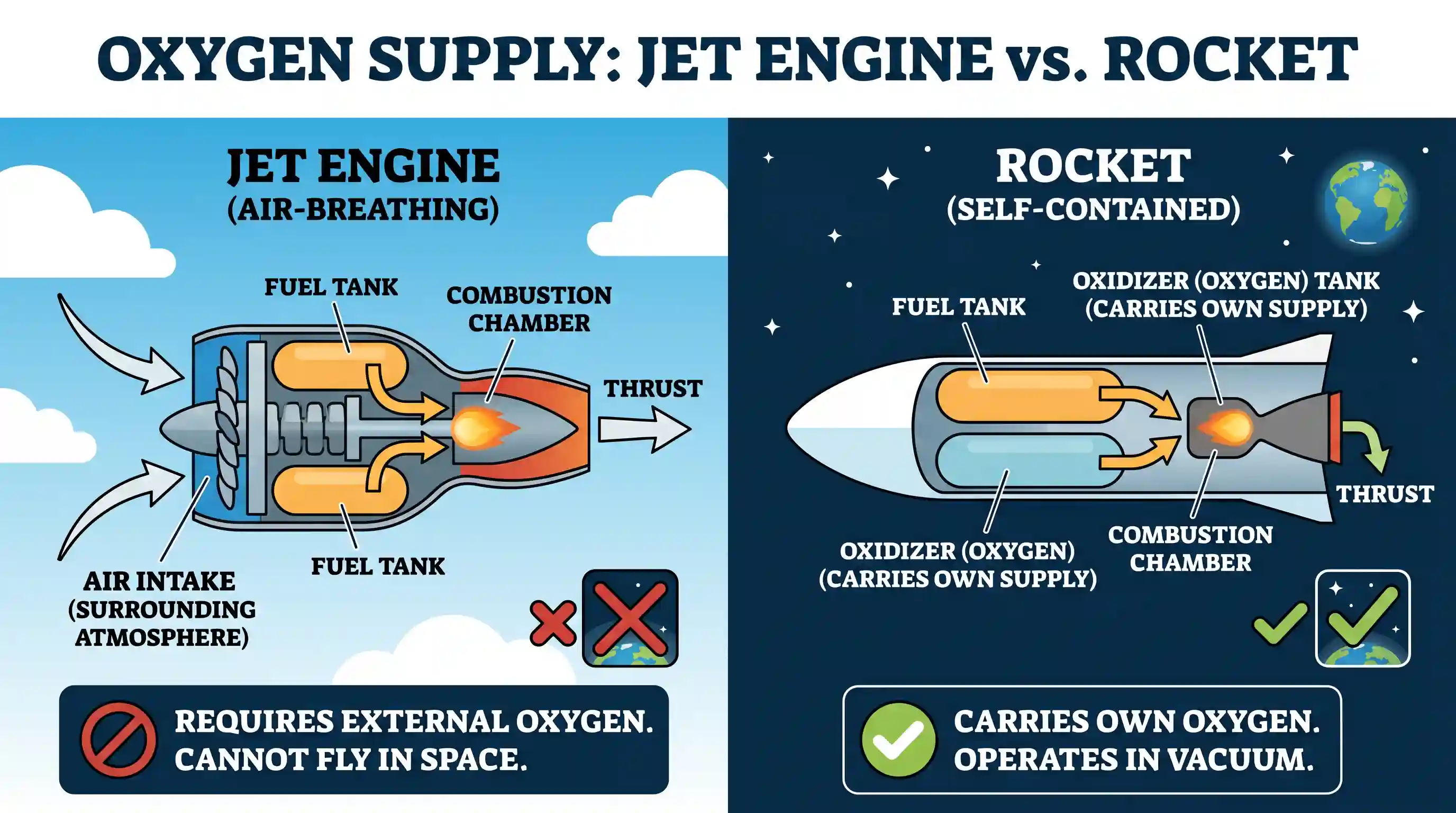 science-and-technology: Consider the following statements in respect of a jet engine and a rocket: 1. A jet engine uses the surrounding air for