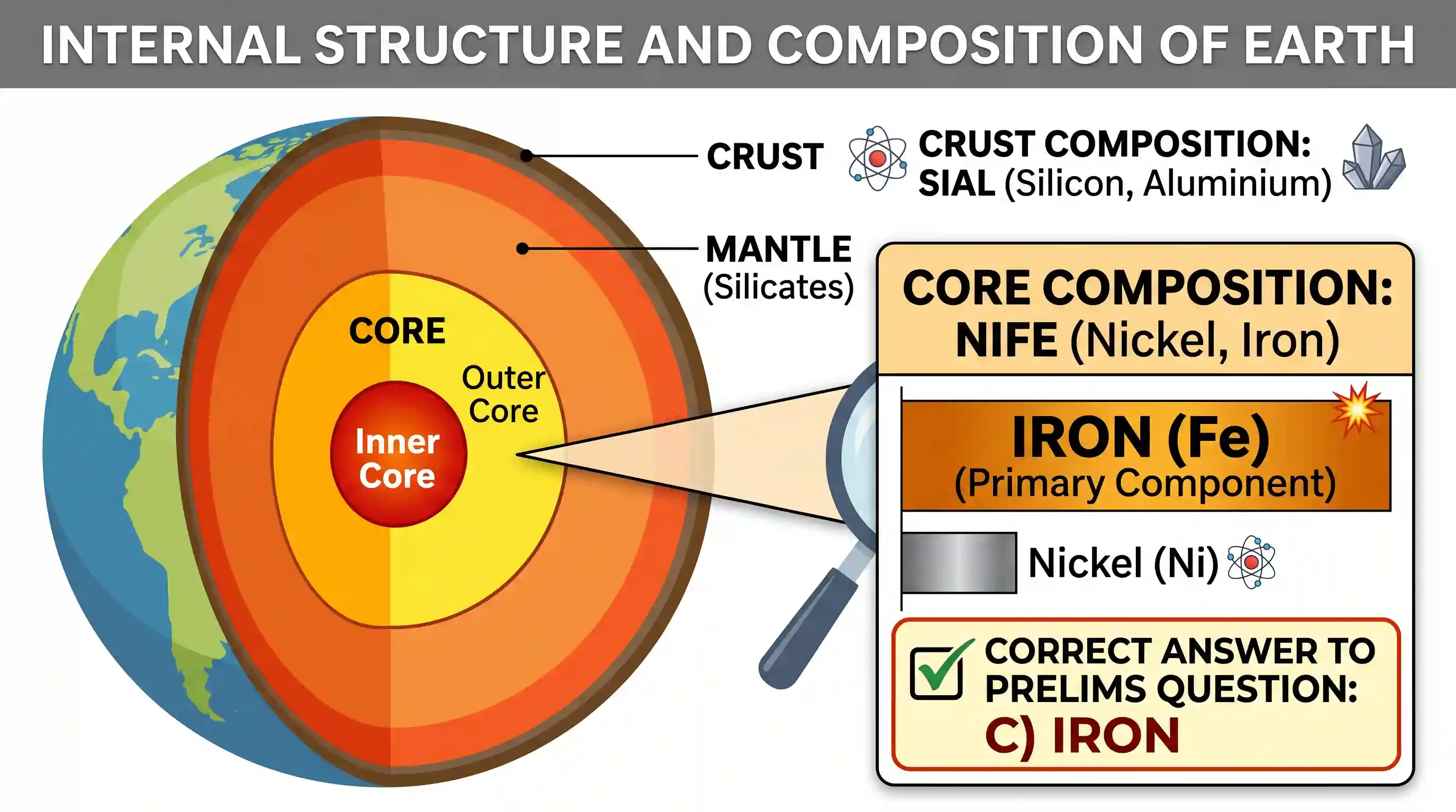 geography: In the structure of planet Earth, below the mantle, the core is mainly made up of which one of the following?