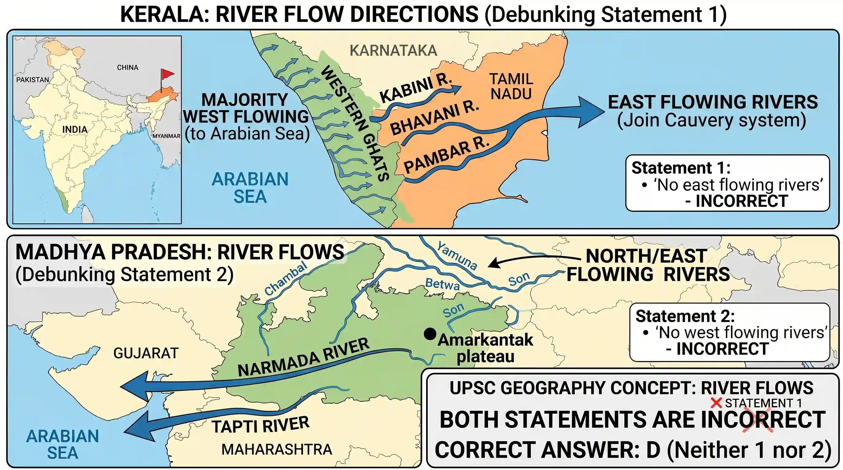 polity-and-governance: Consider the following statements: 1. There are no east flowing rivers in Kerala. 2. There are no west flowing rivers in