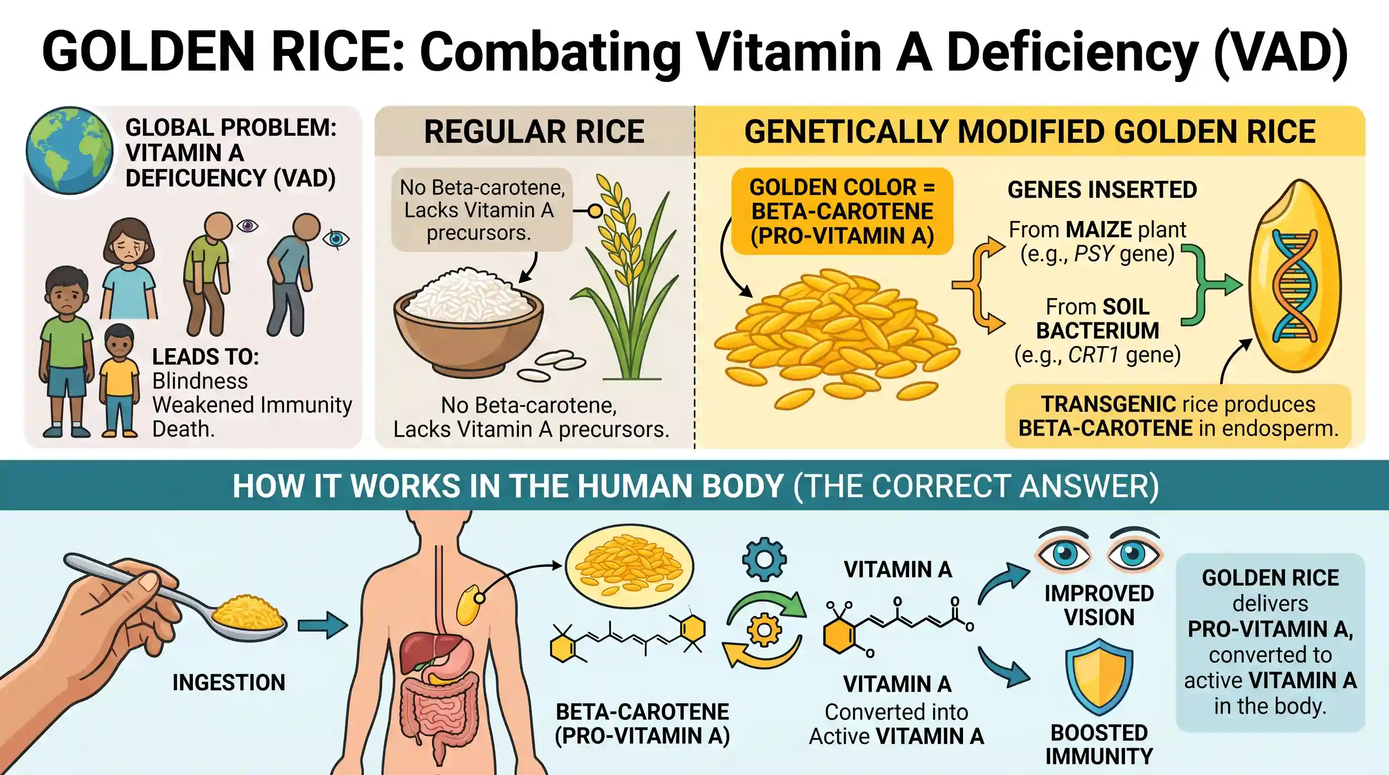 science-and-technology: Genetically modified "golden rice" has been engineered to meet human nutritional requirements. Which one of the followin