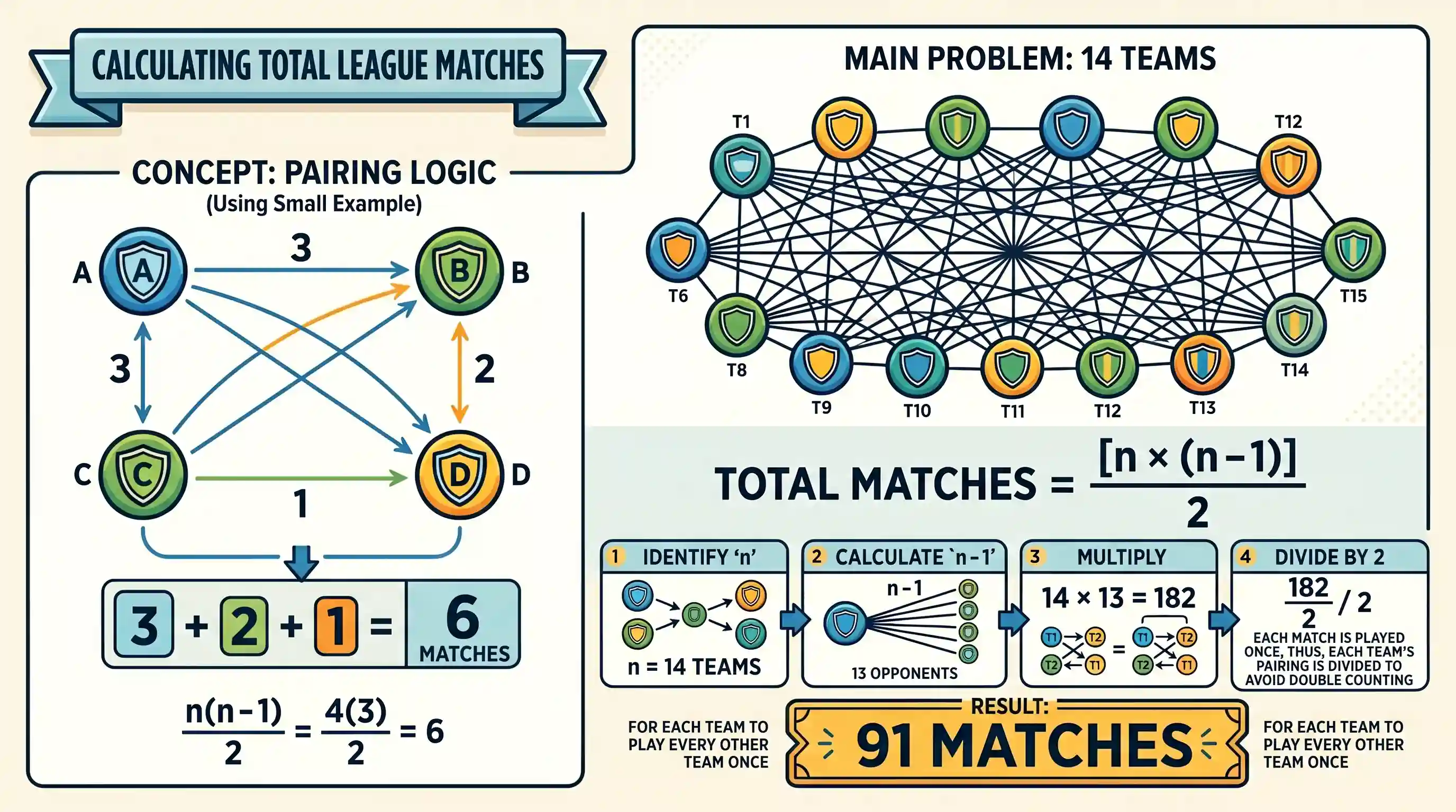 UPSC Prelims: In a tournament 14 teams play league matches. If each team plays against every other team once only then how many matche