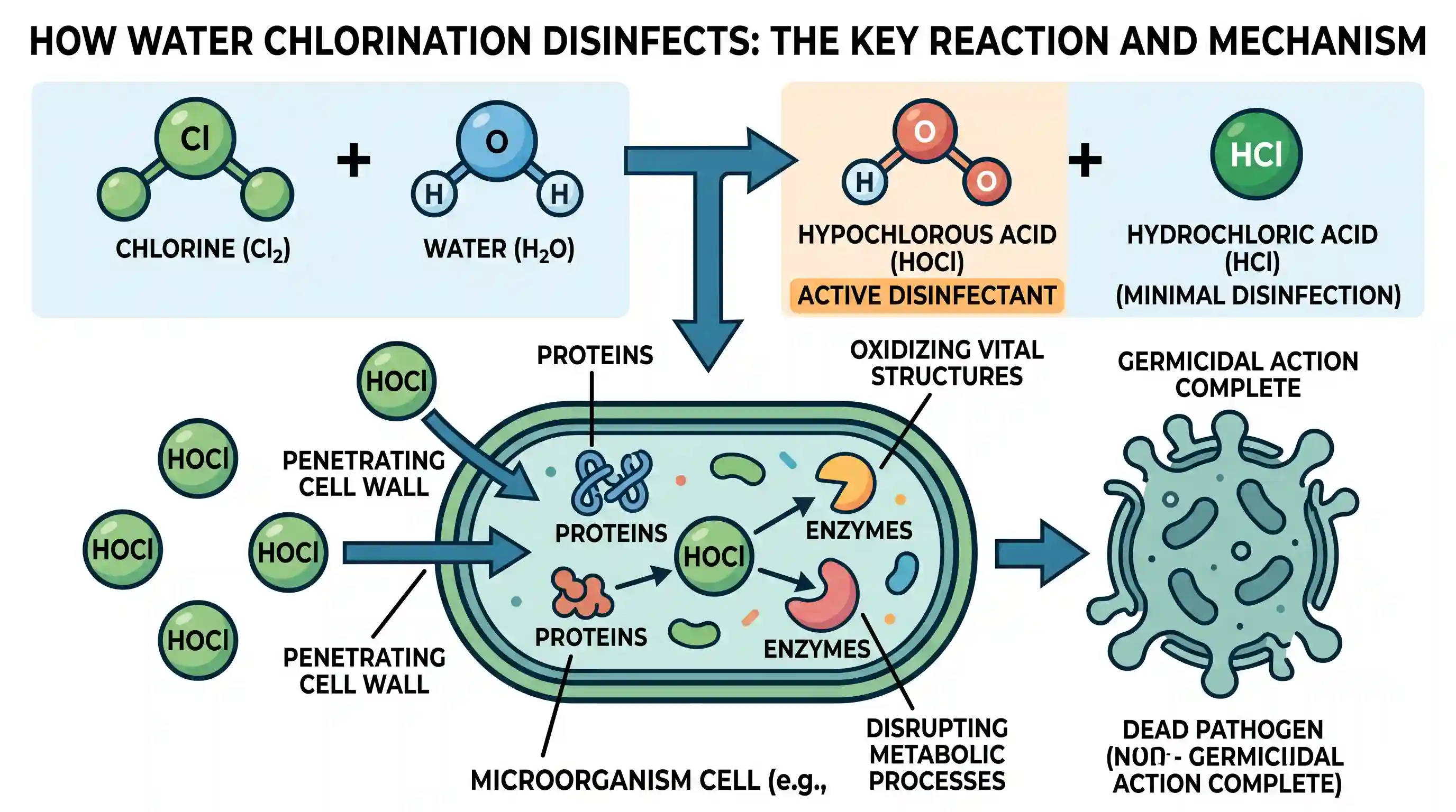 science-and-technology: Chlorination is a process used for water purification. The disinfecting action of chlorine is mainly due to