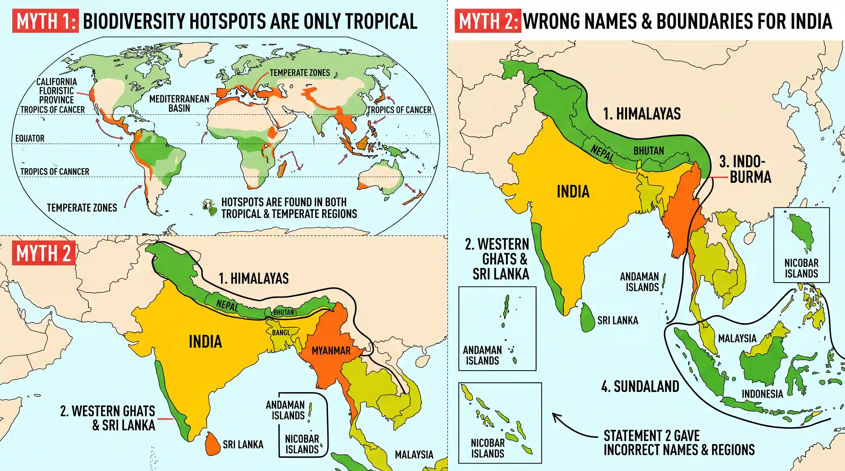 geography: Consider the following statements: 1. Biodiversity hotspots are located only in tropical regions. 2. India has four biod