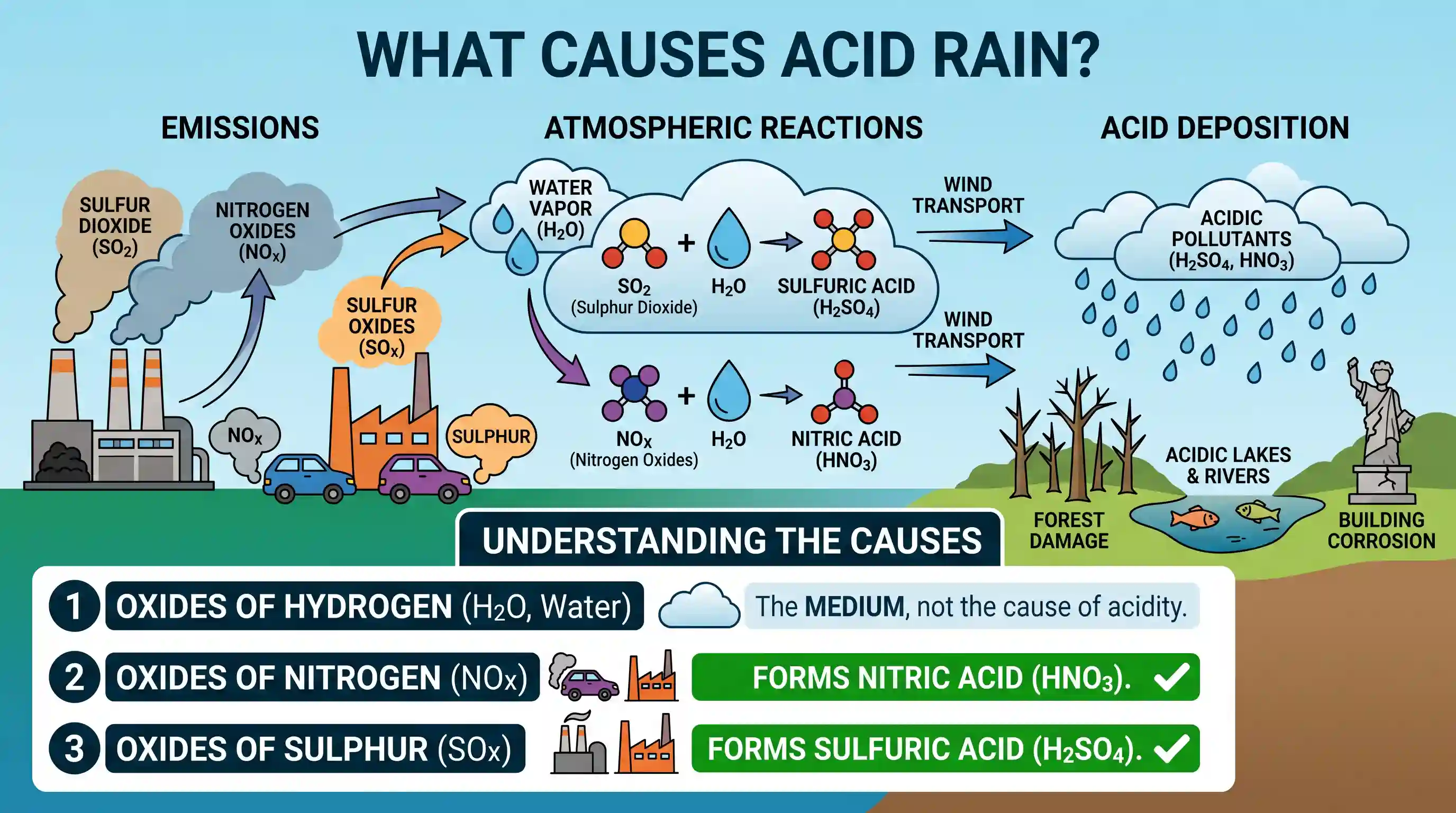 geography: Consider the following: 1. Oxides of Hydrogen 2. Oxides of Nitrogen 3. Oxides of Sulphur Which of the above causes/cause