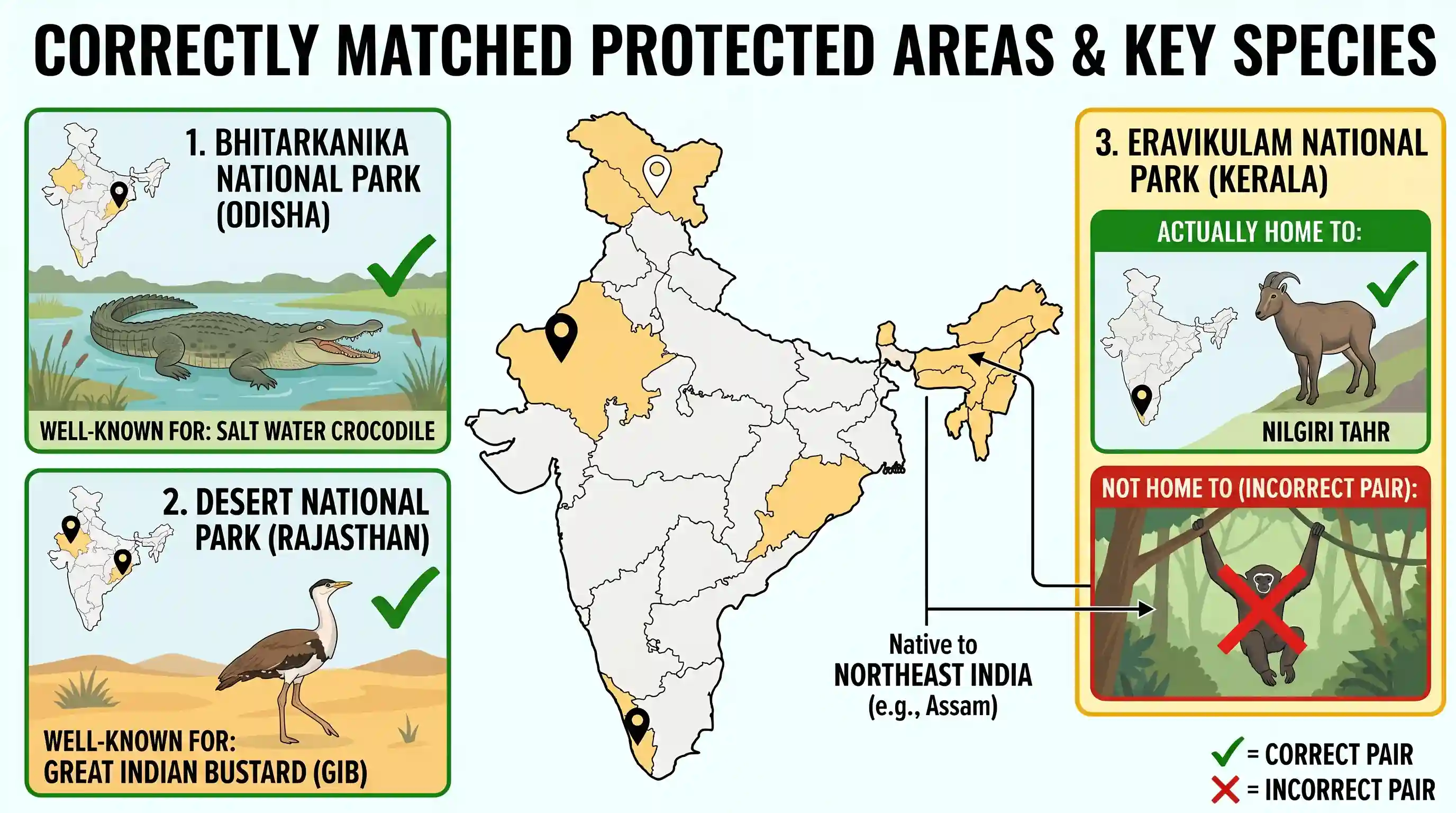 geography: Consider the following pairs : Protected area Well-known for 1. Bhiterkanika, Orissa ... Salt Water Crocodile 2. Desert