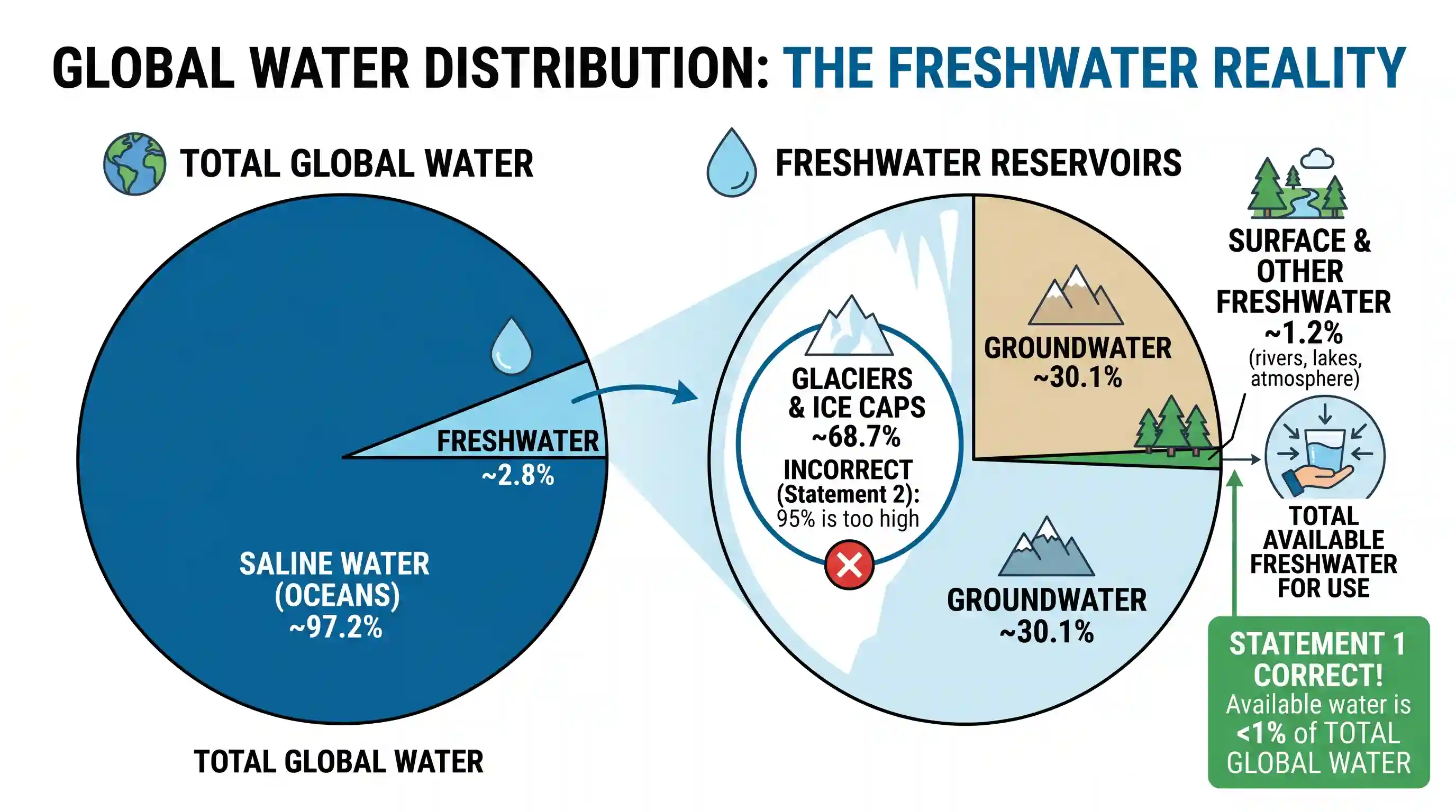 geography: Consider the following statements: 1. On the planet Earth, the fresh water available for use amounts to about less than