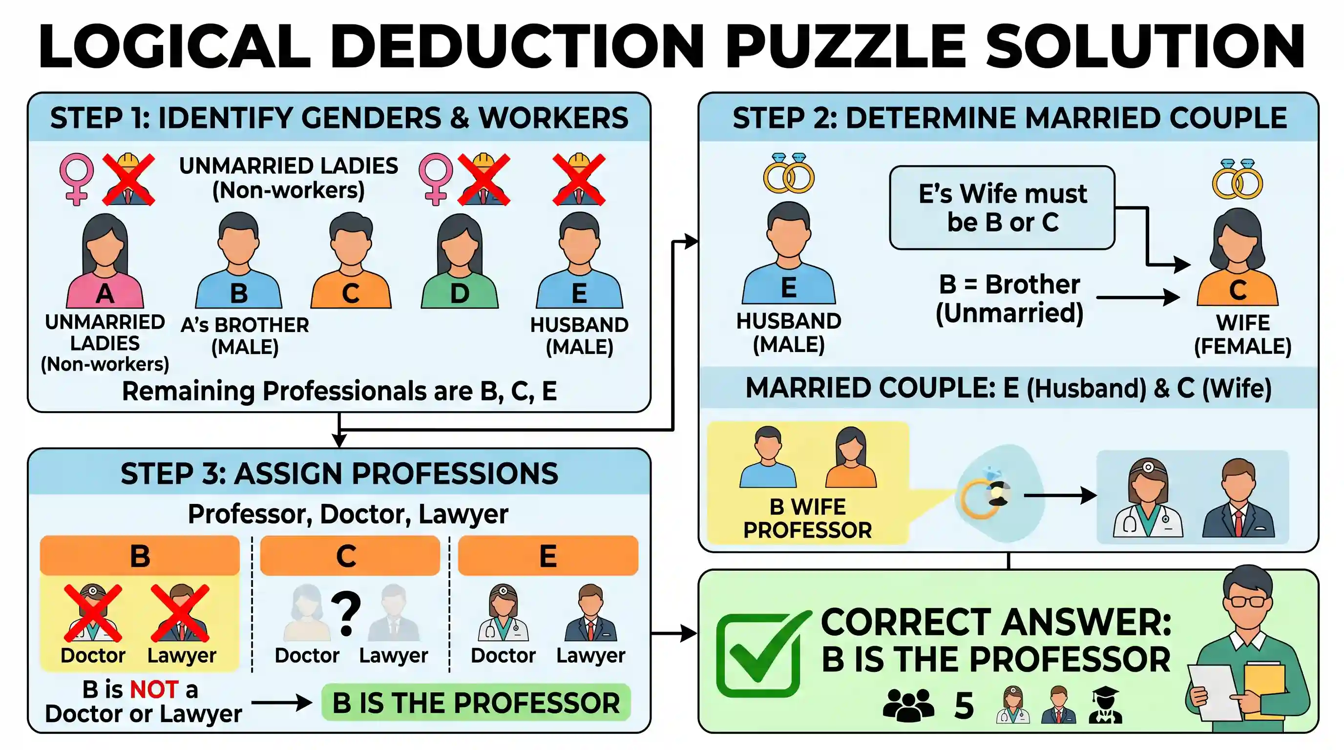 polity-and-governance: In a group of five persons A, B, C, D and E, there is a professor, a doctor and lawyer. A and D are unmarried ladies, an