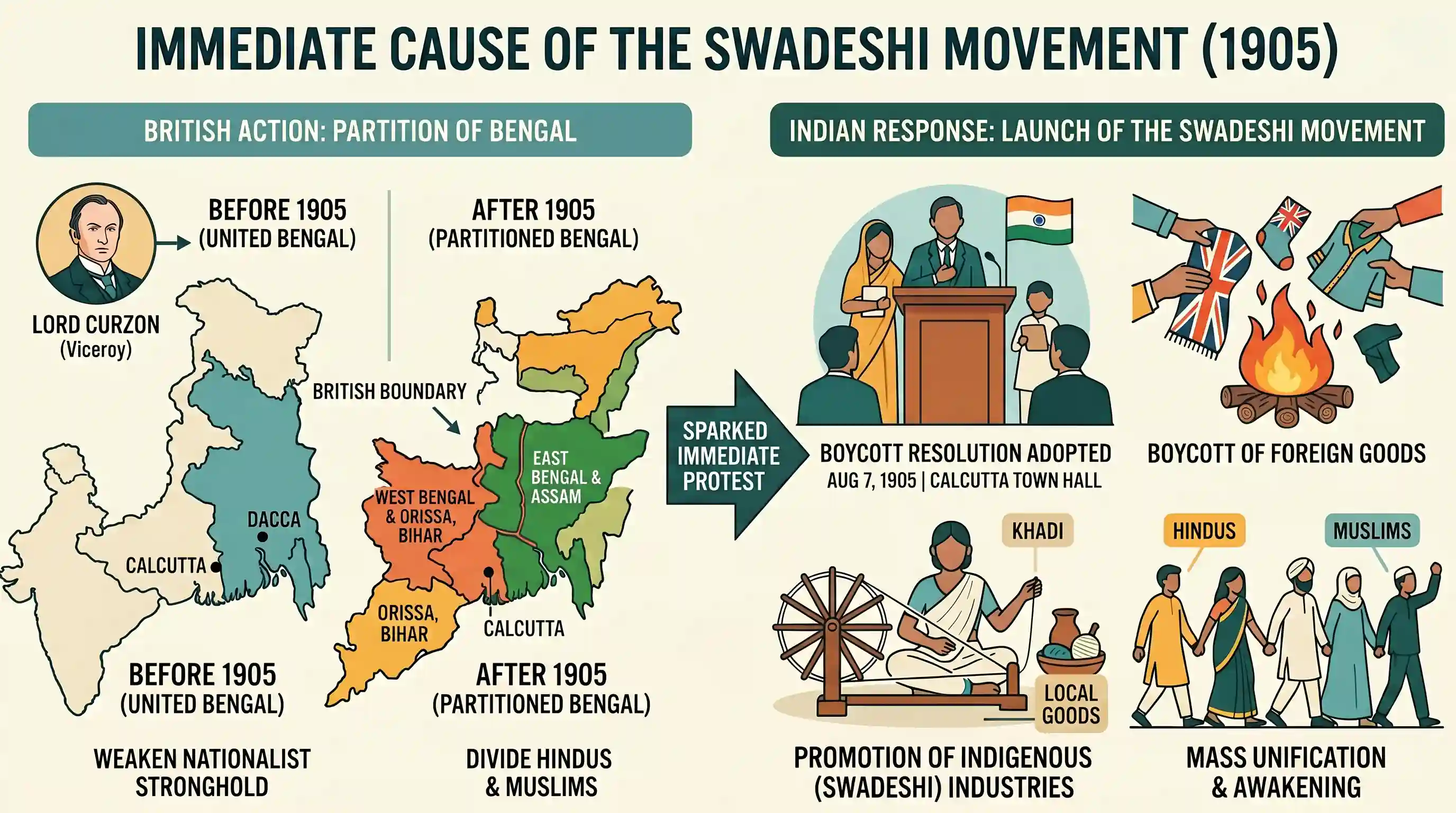 history: What was the immediate cause for the launch of the Swadeshi movement?