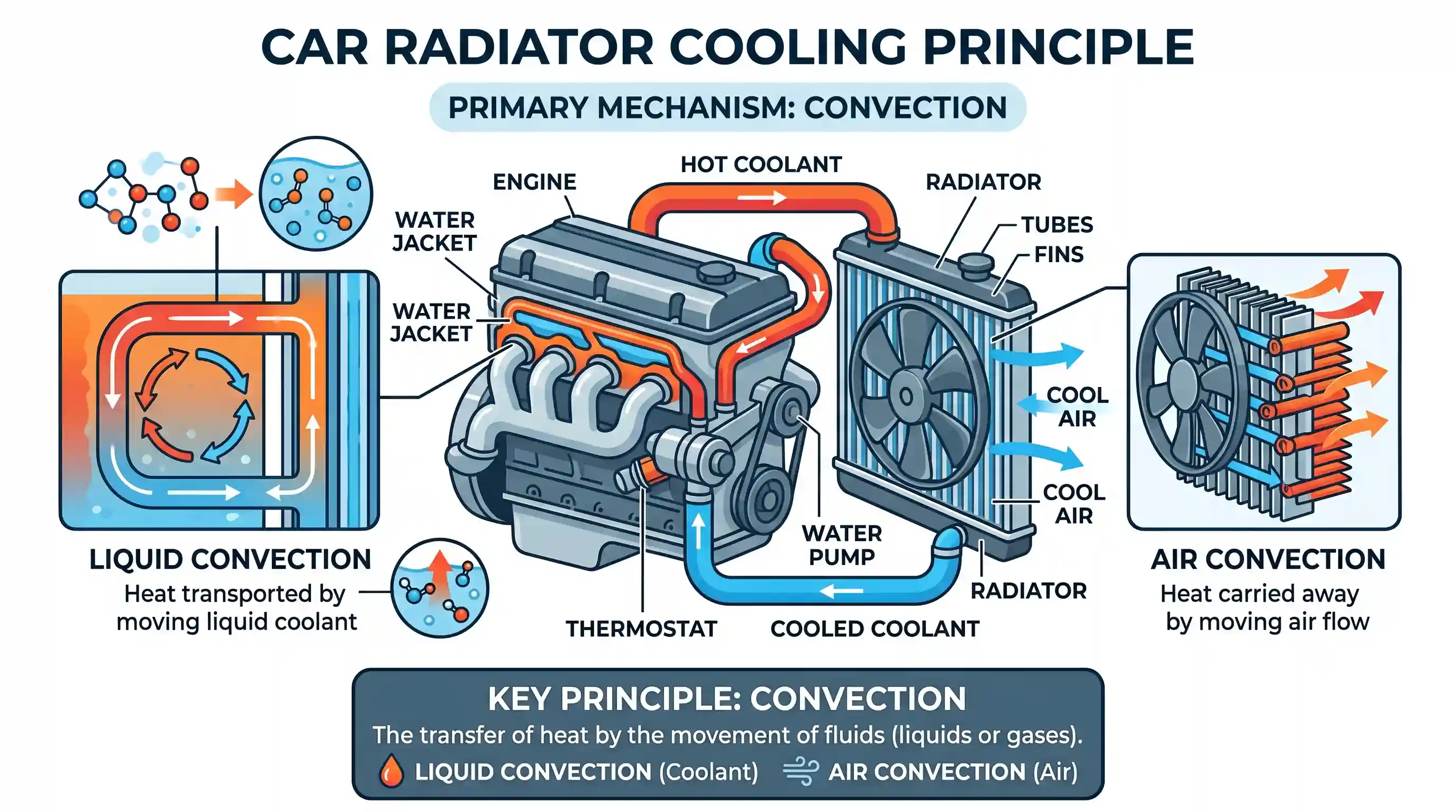 science-and-technology: What is the principle by which a cooling system (Radiator) in a motor car works?