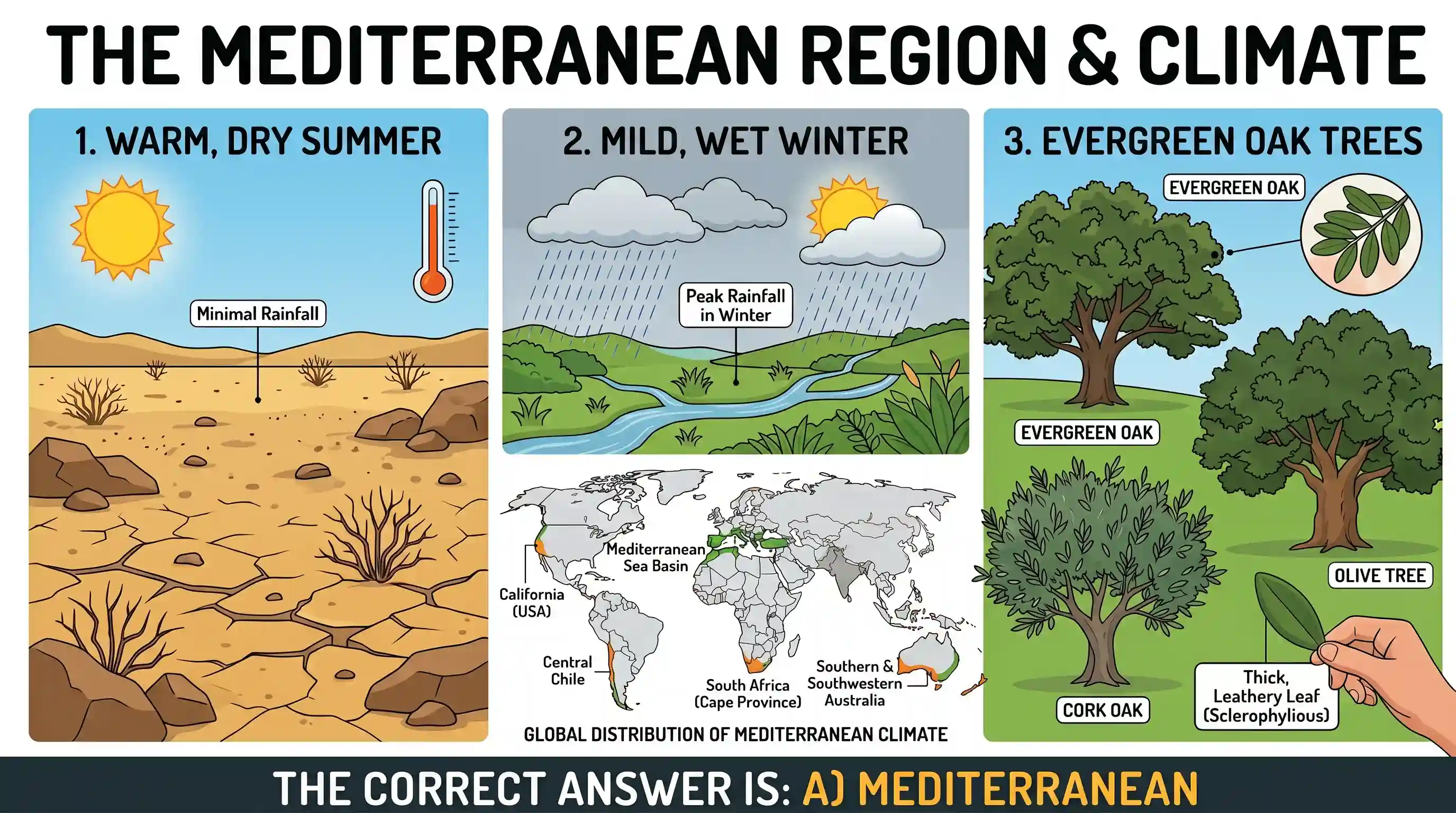 geography: A geographic region has the following distinct characteristics: 1. Warm and dry climate 2. Mild and wet winter 3. Evergr