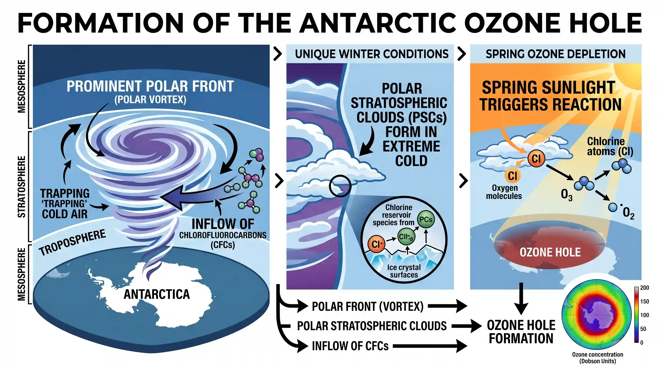 geography: The formation of ozone hole in the Antarctic region has been a cause of concern. What could be the reason for the format