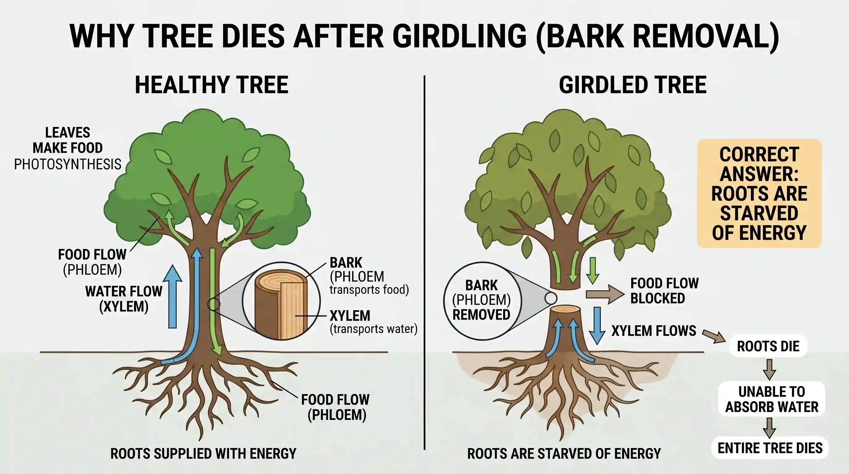geography: When the bark of a tree is removed in a circular fashion all around near its base, it gradually dries up and dies becaus