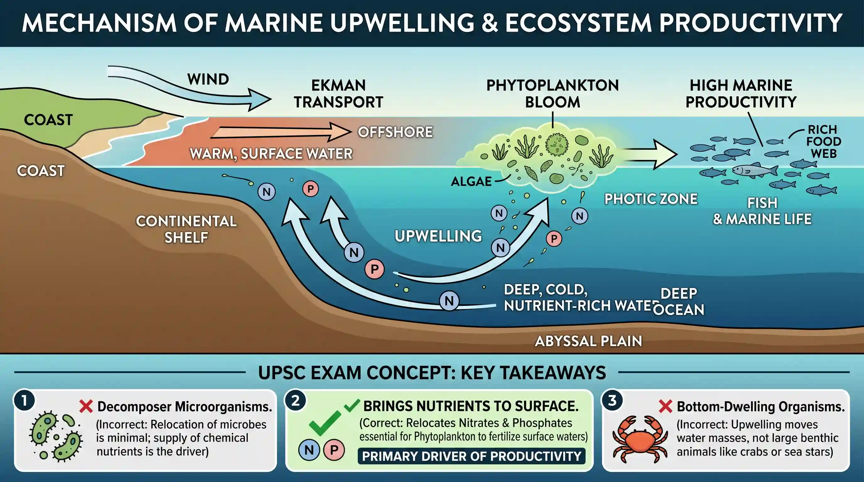 geography: In the context of ecosystem productivity, marine upwelling zones are important as they increase the marine productivity