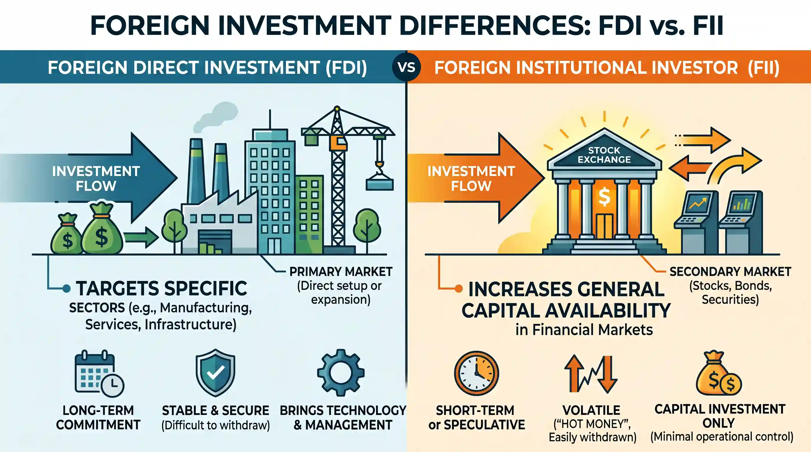 economy: Both Foreign Direct Investment (FDI) and Foreign Institutional Investor (FII) are related to investment in a country. Wh