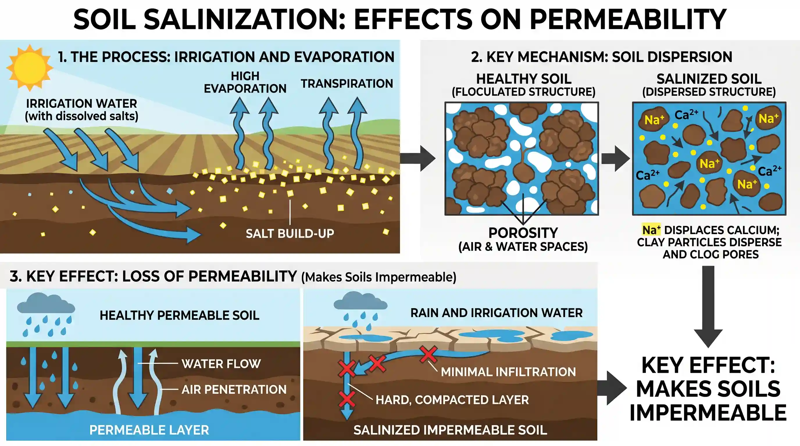geography: Salinization occurs when the irrigation water accumulated in the soil evaporates, leaving behind salts and minerals. Wha