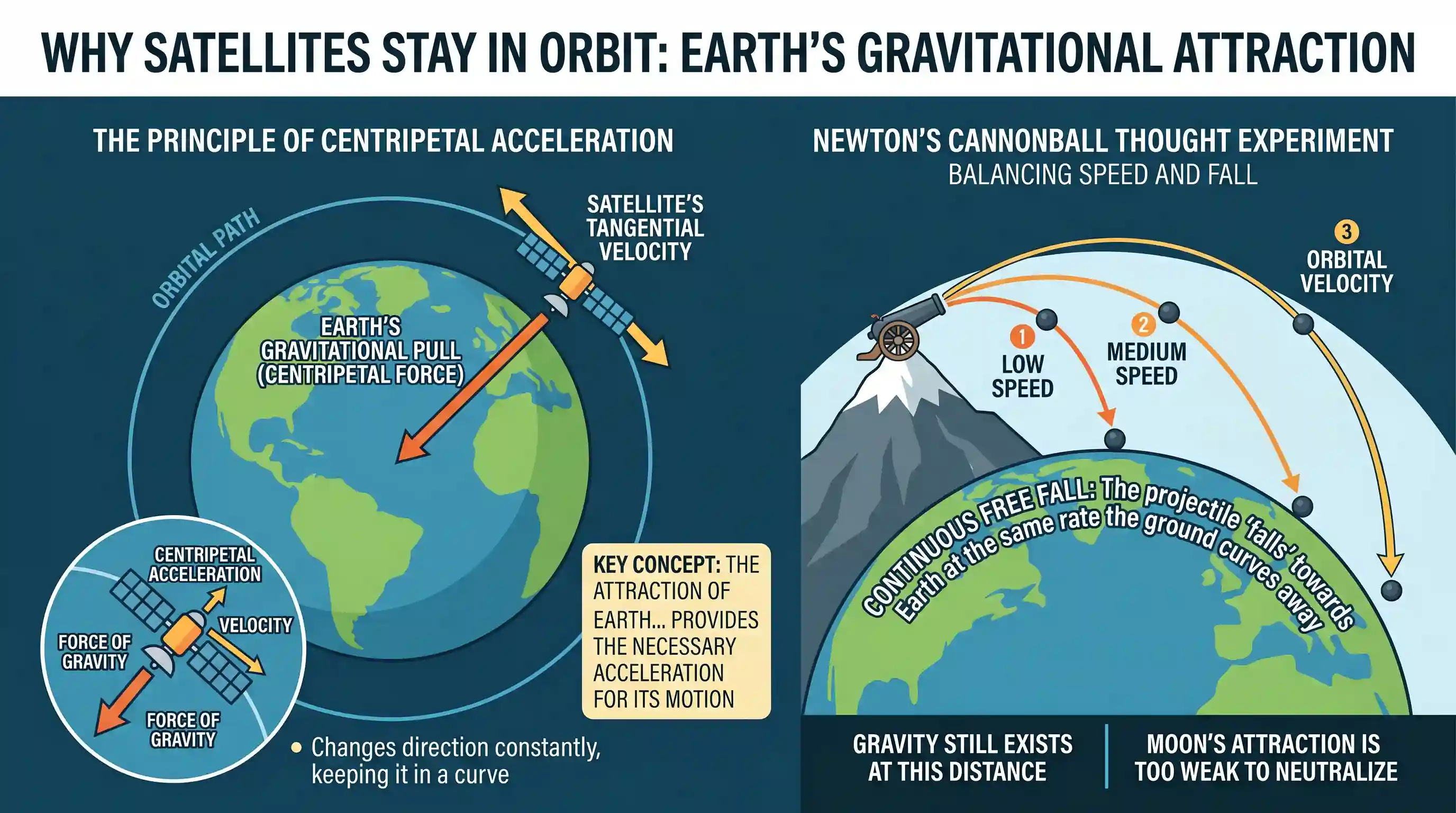 science-and-technology: An artificial satellite orbiting around the Earth does not fall down. This is so because the attraction of Earth