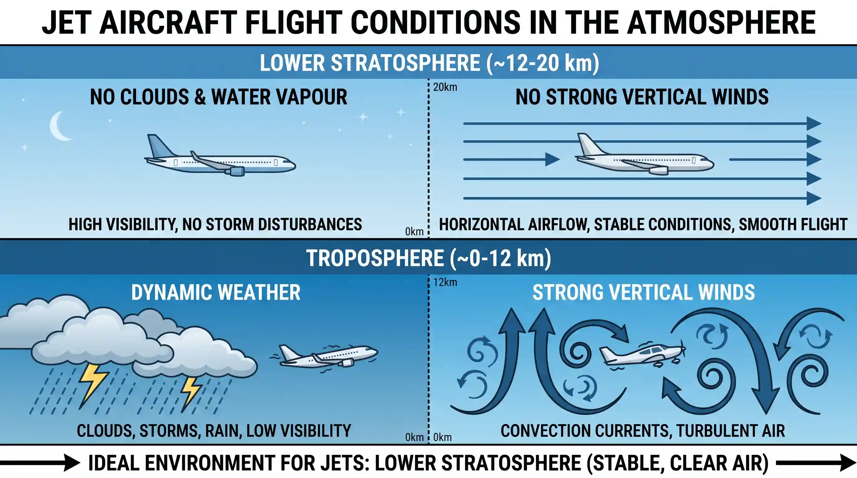 geography: The jet aircrafts fly very easily and smoothly in the lower stratosphere. What could be the appropriate explanation? 1.