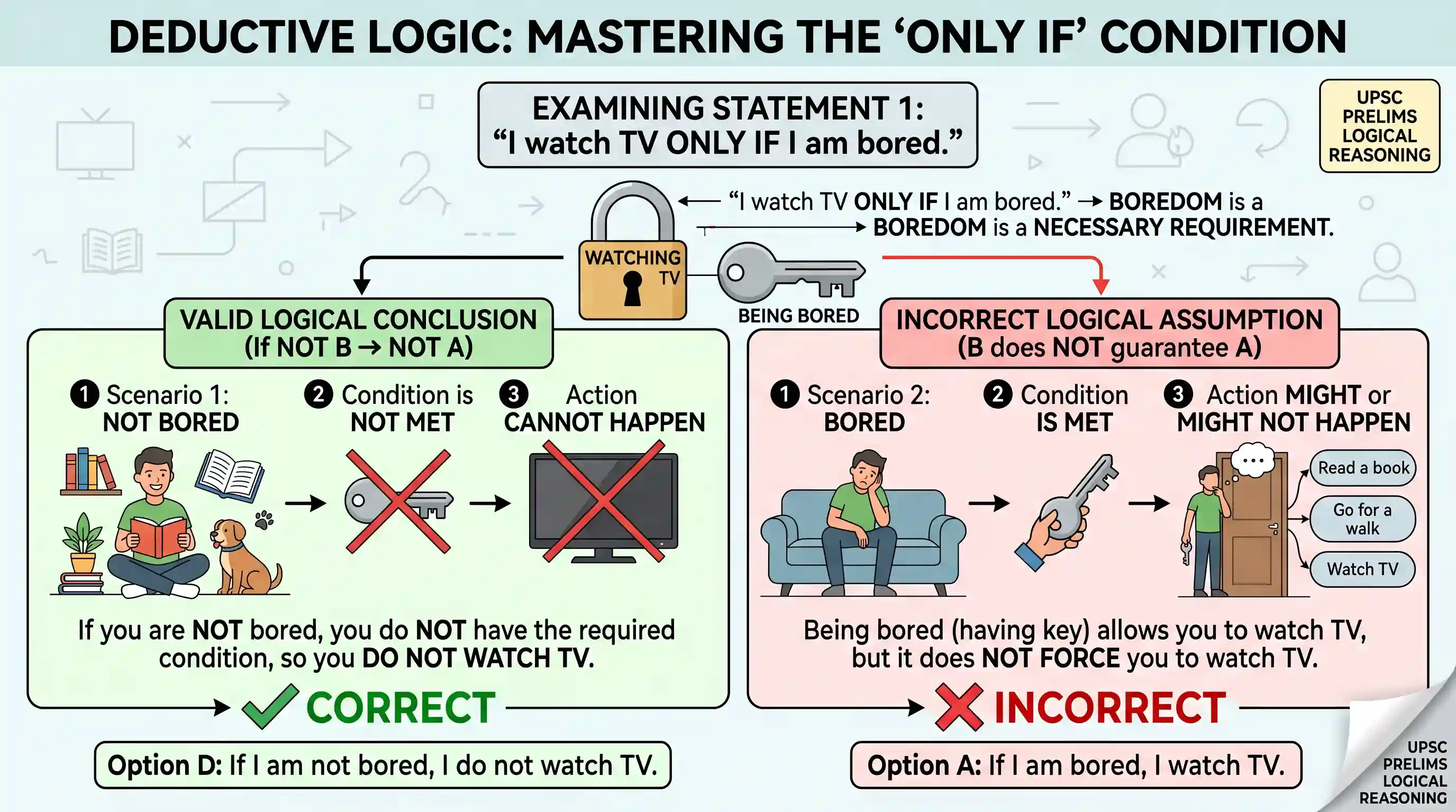 Logical Reasoning: Examine the following statements: 1) I watch TV only if I am bored. 2) I am never bored when I have my brother's company