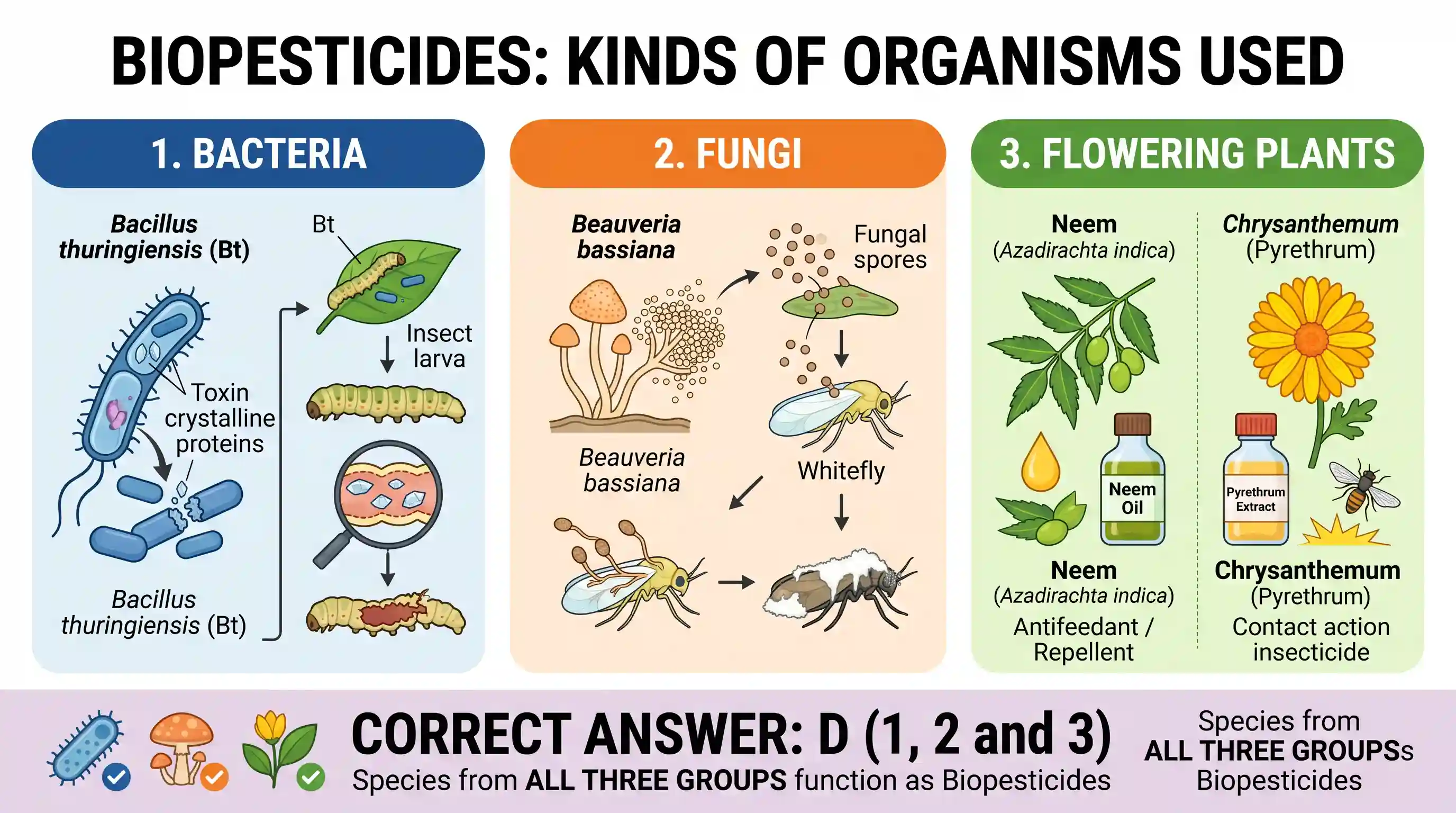 science-and-technology: Consider the following kinds of organisms: 1. Bacteria 2. Fungi 3. Flowering plants Some species of which of the above k