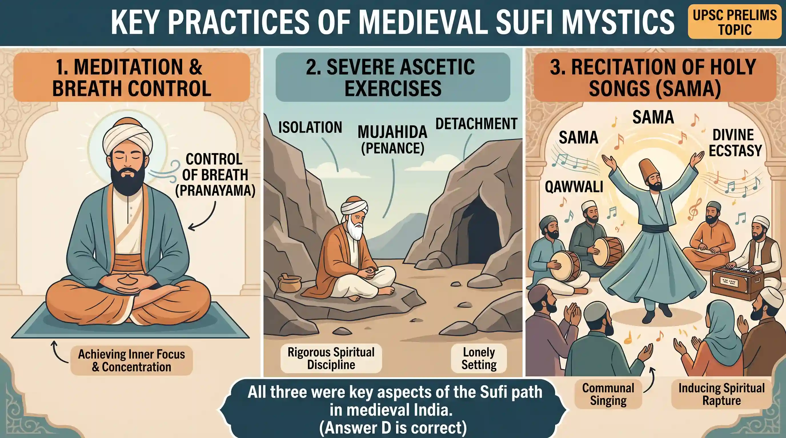 history: With reference to the religious history of medieval India, the Sufi mystics were known to pursue which of the following