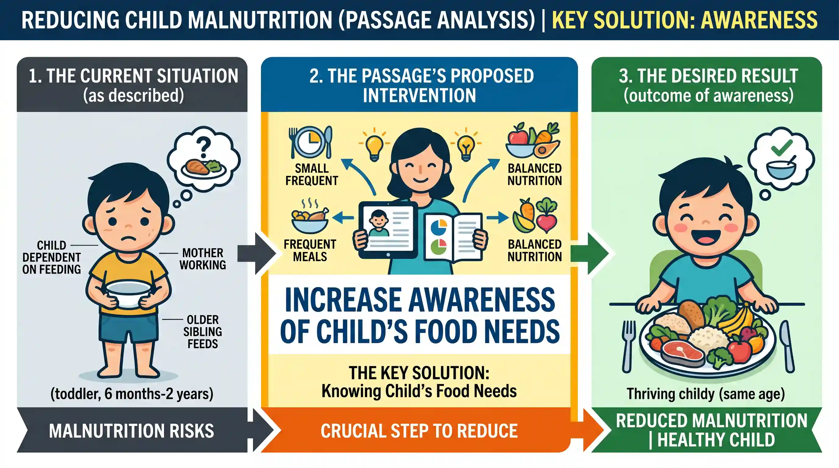 Reading Comprehension: Passage-3 Malnutrition most commonly occurs between the ages of six months and two years. This happens despite the child
