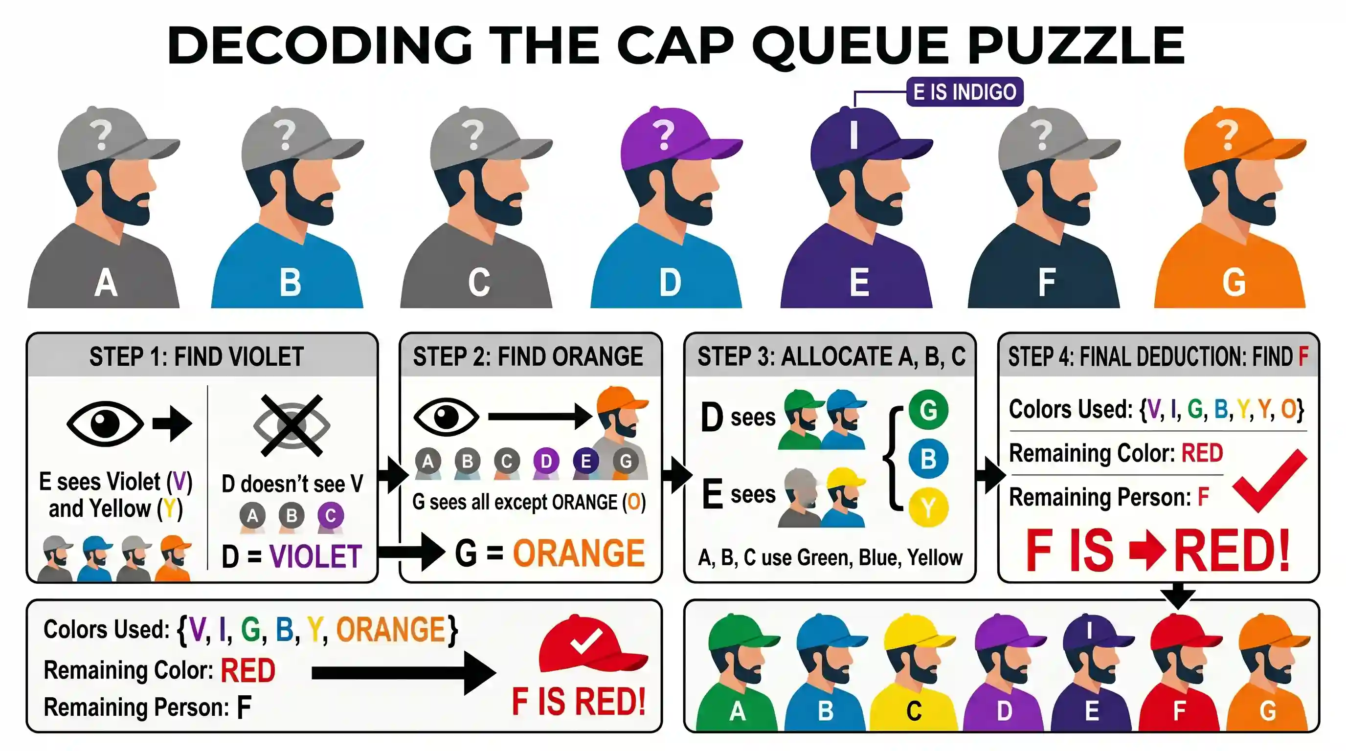 Logical Reasoning: Seven men, A, B, C, D, E, F and G are standing in a queue in that order. Each one is wearing a cap of a different colour