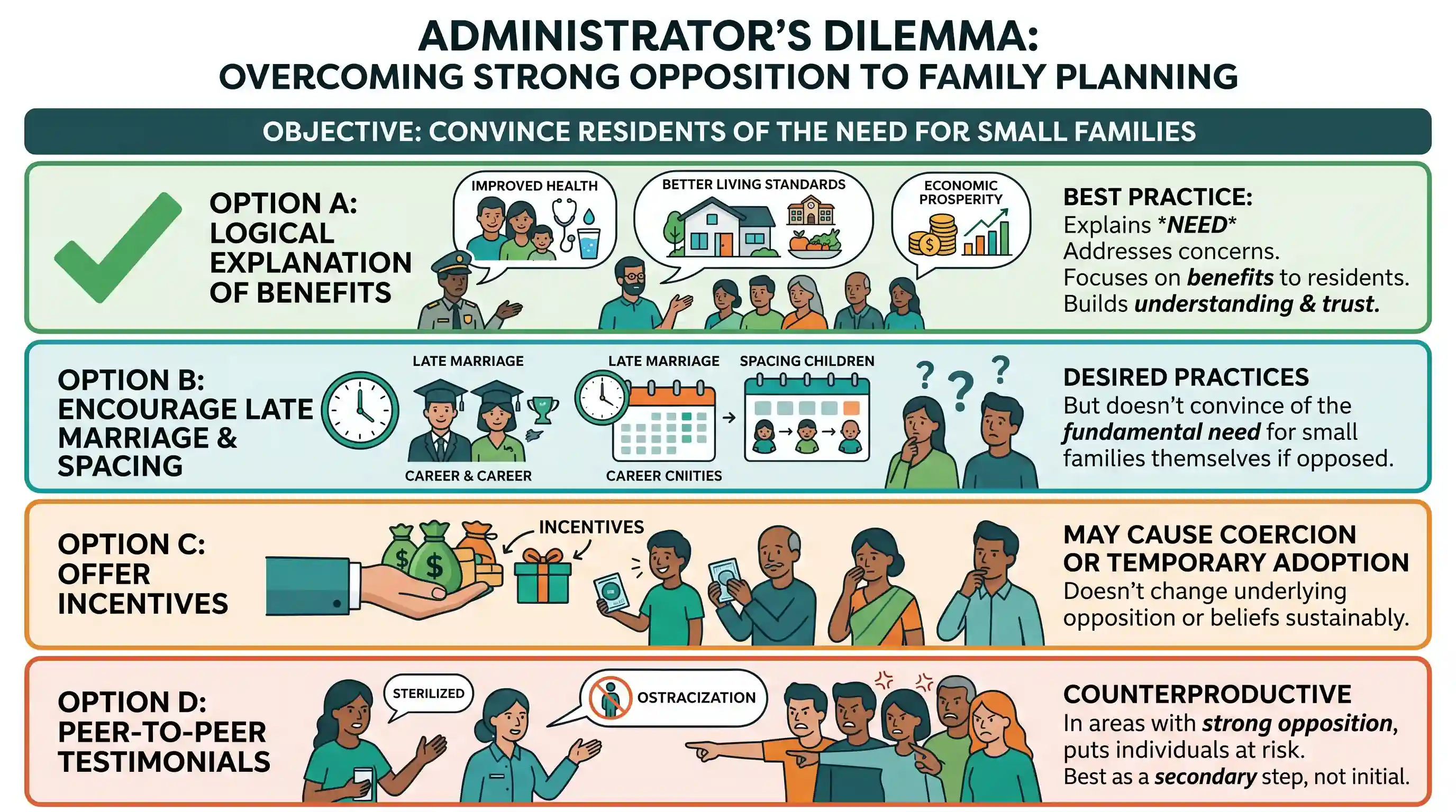 Decision Making: You are in-charge of implementing the Family Planning programme in an area where there is a strong opposition to the pre