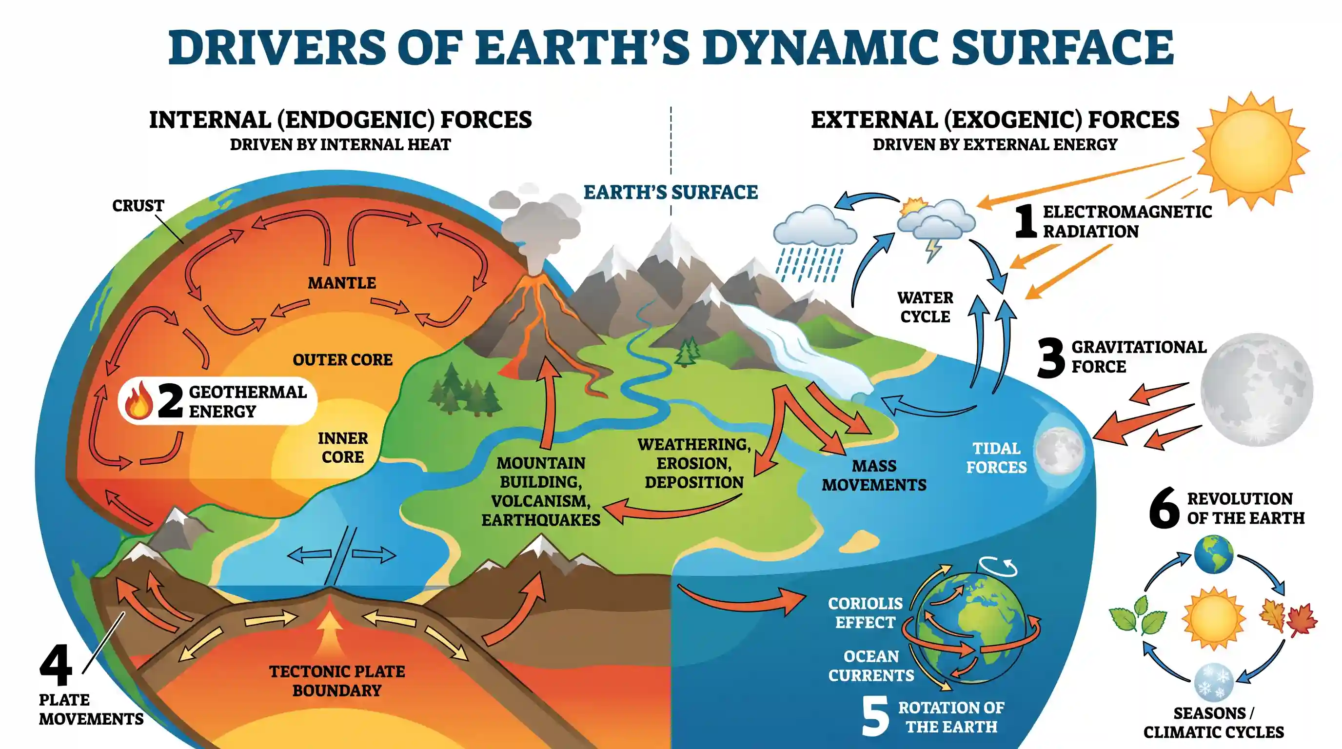 geography: Consider the following : 1. Electromagnetic radiation 2. Geothermal energy 3. Gravitational force 4. Plate movements 5.