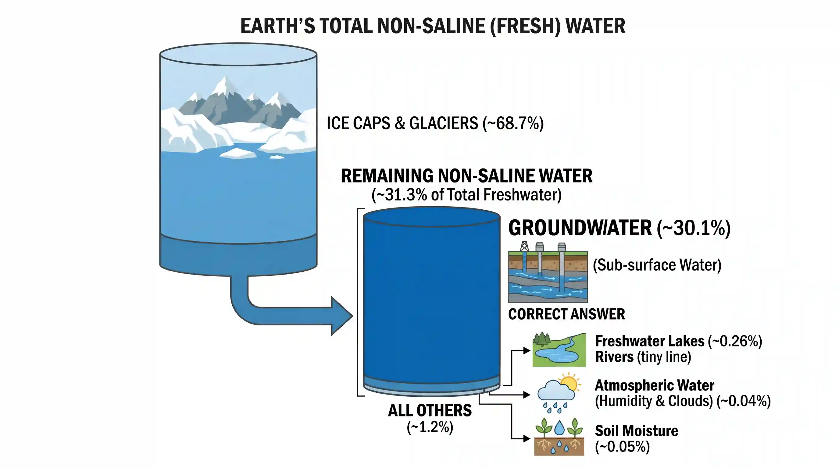 geography: On the earth planet, most of the non-saline water exists as ice caps and glaciers. The largest part of the remaining non