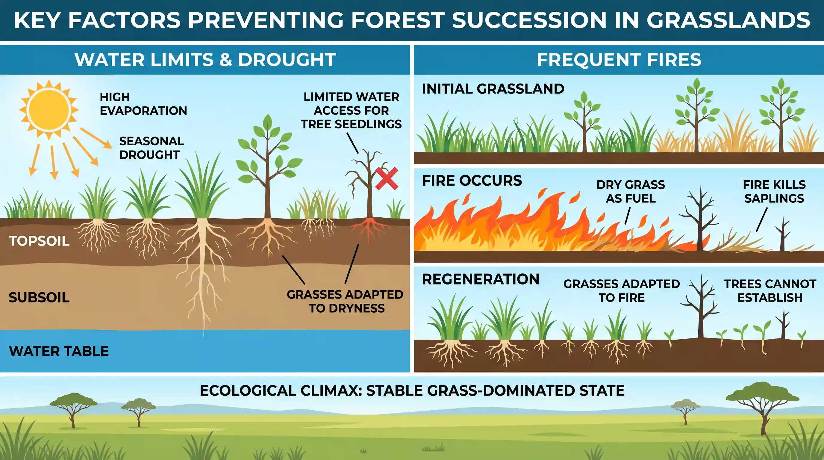 geography: In the grasslands, trees do not replace the grasses as a part of an ecological succession because of