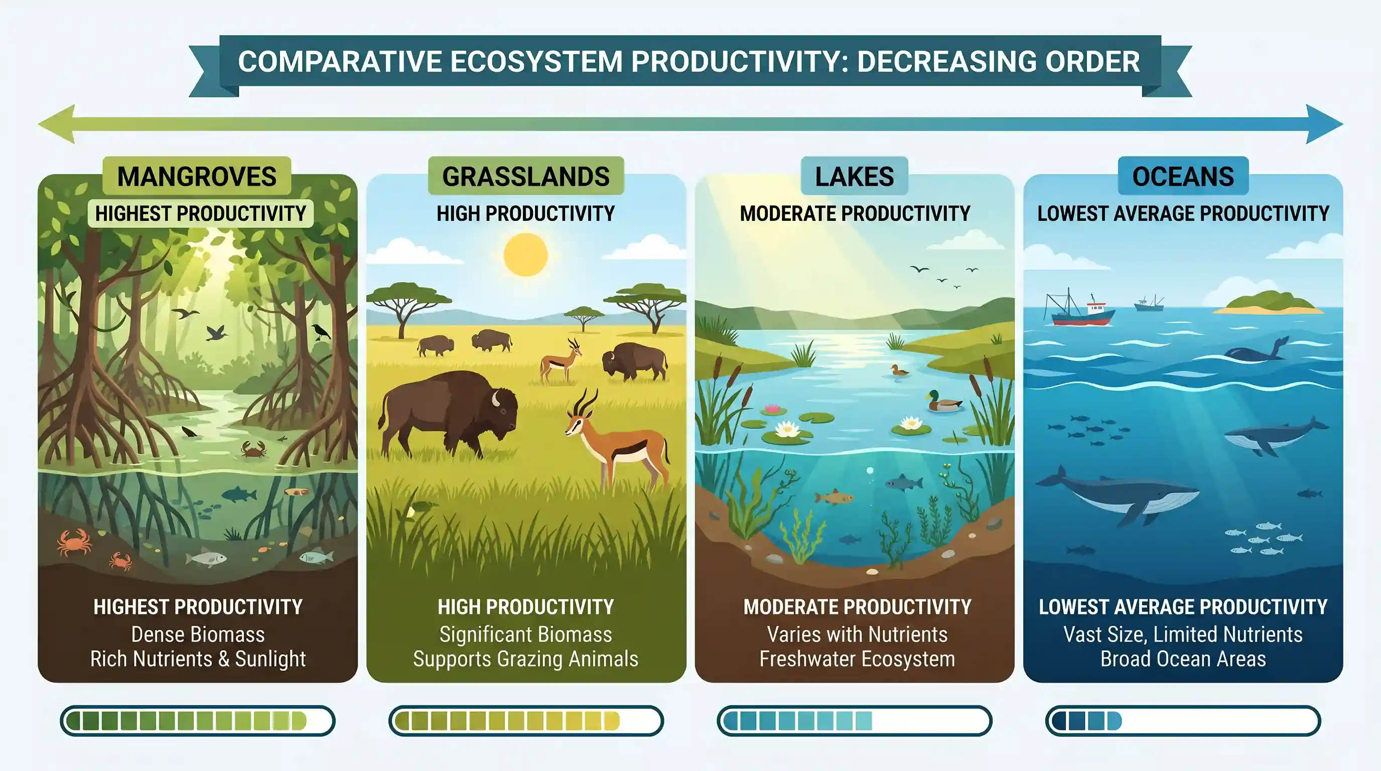 geography: Which one of the following is the correct sequence of ecosystems in the order of decreasing productivity?