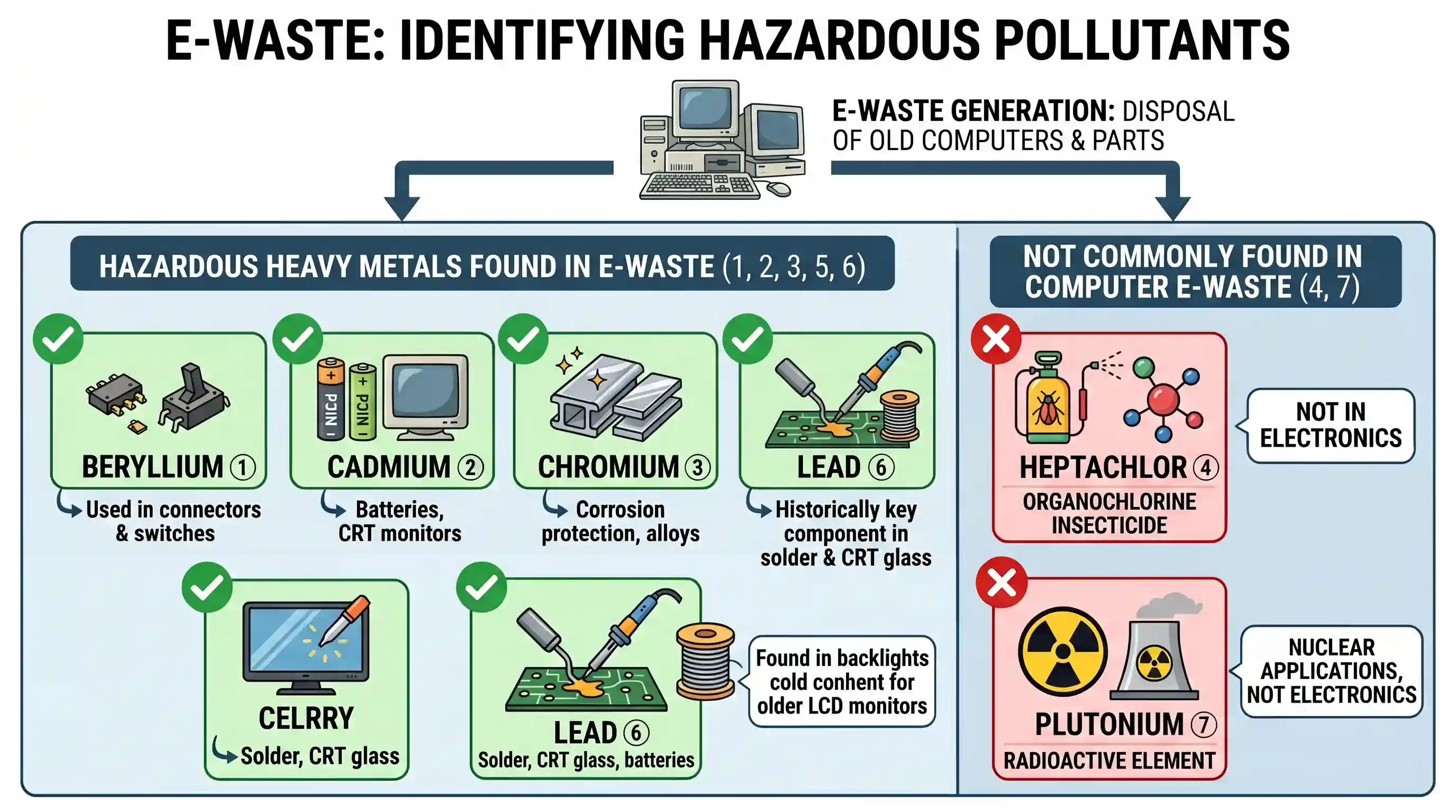 geography: Due to improper/indiscriminate disposal of old and used computers or their parts, which of the following are released in