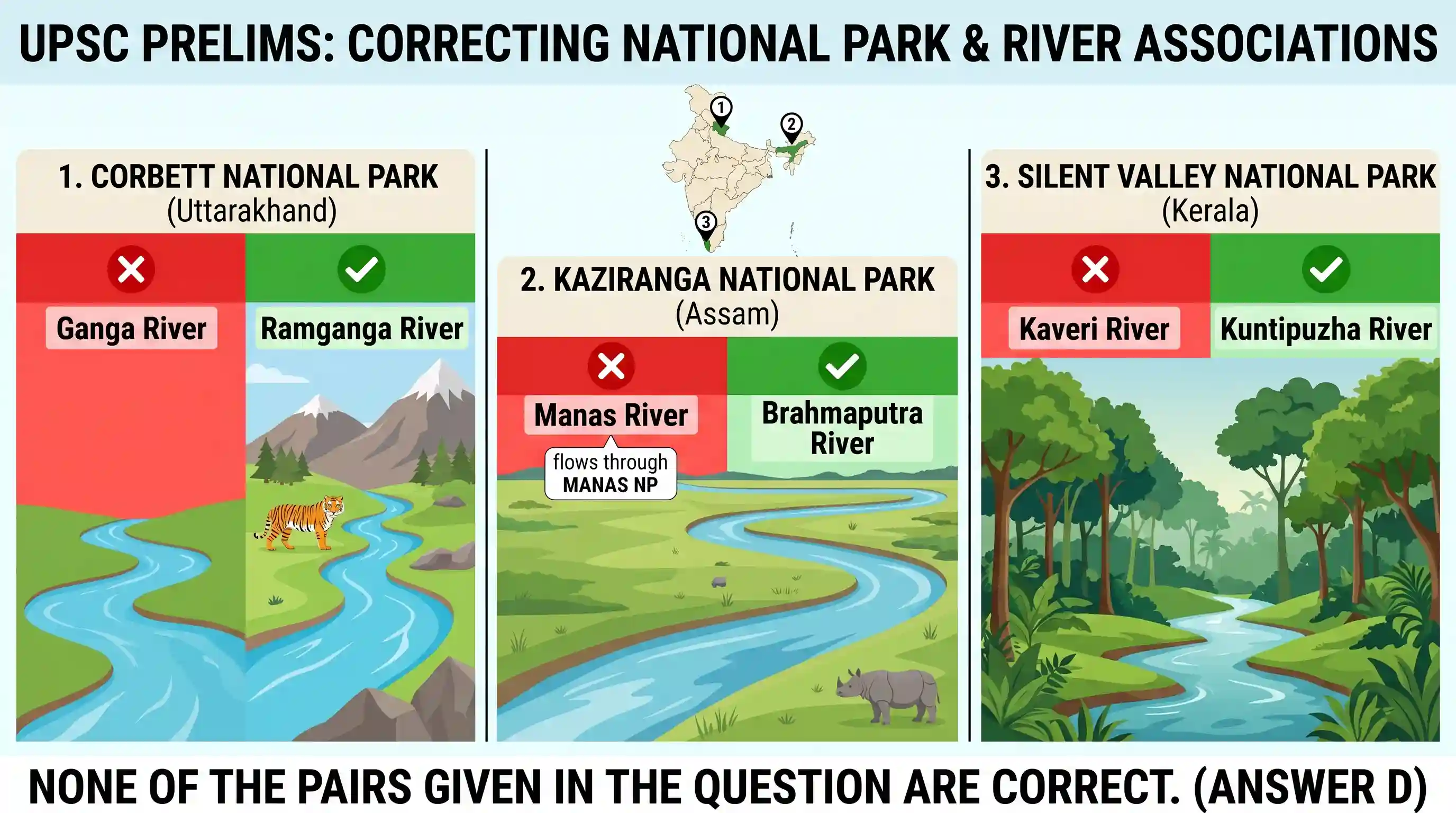 geography: Consider the following pairs : National Park River flowing through the Park 1. Corbett National Park : Ganga 2. Kazirang