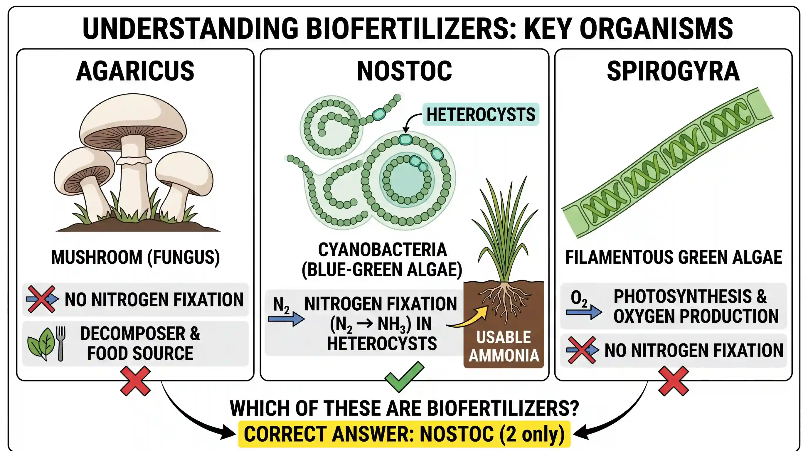 science-and-technology: Consider the following organisms : 1. Agaricus 2. Nostoc 3. Spirogyra Which of the above is/are used as biofertilizer/bi