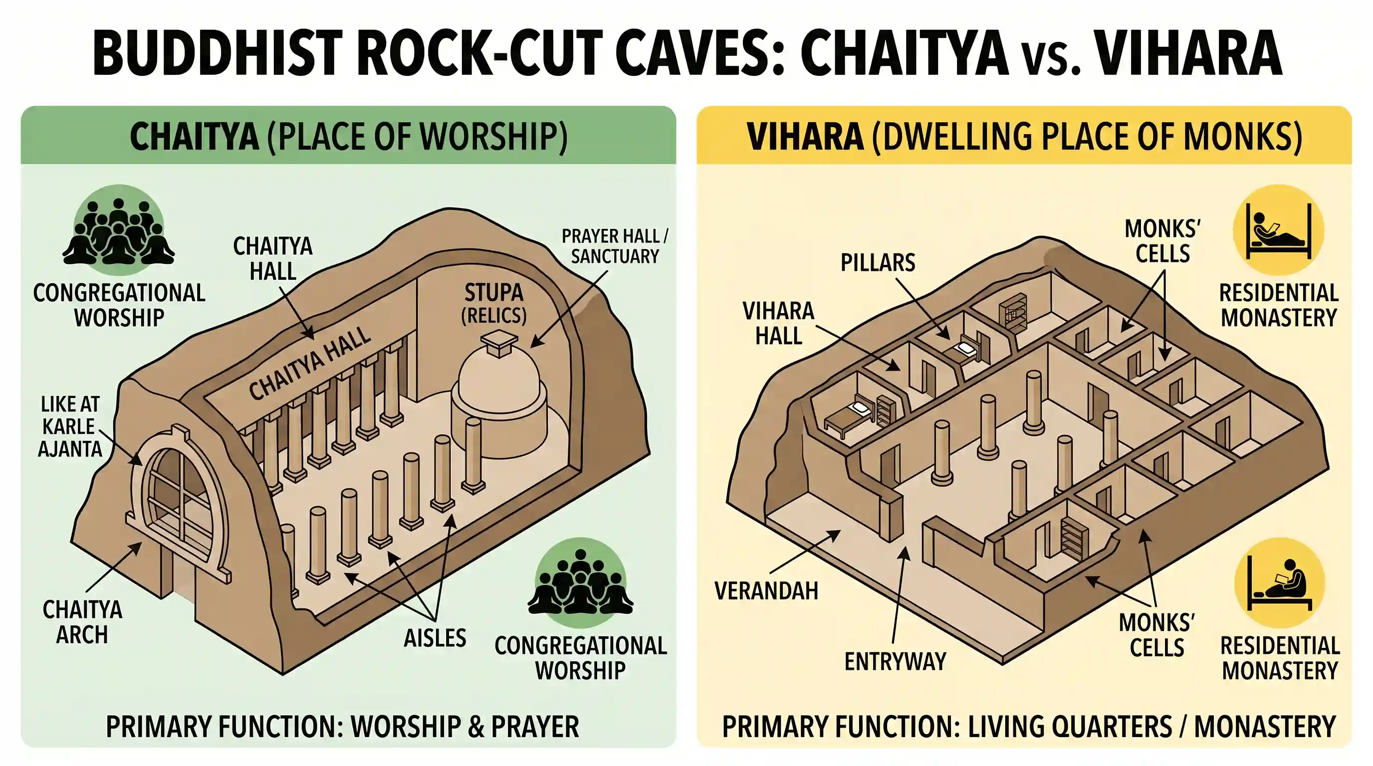 art-and-culture: Some Buddhist rock-cut caves are called Chaityas, while the others are called Viharas. What is the difference between th