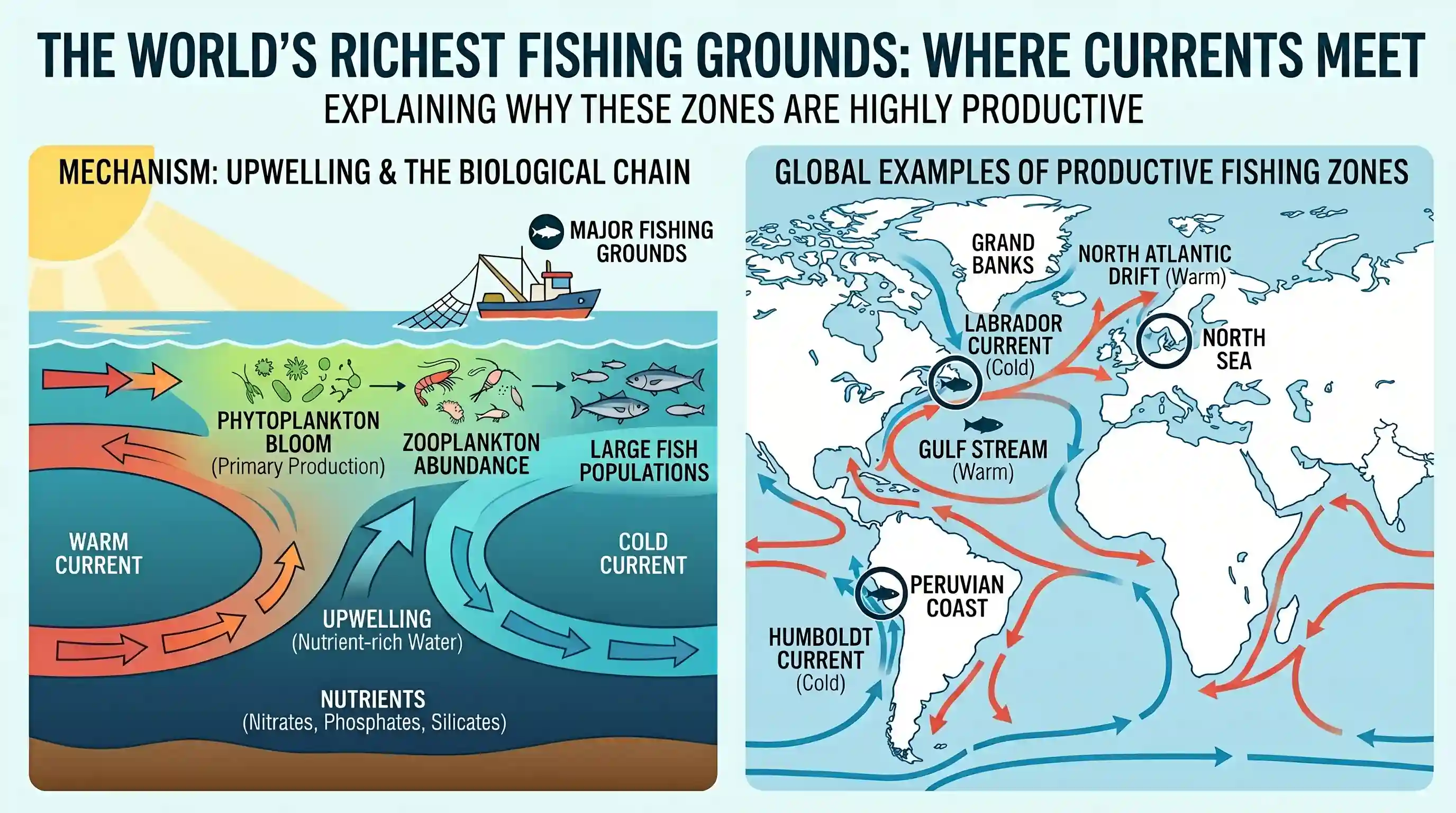 geography: The most important fishing grounds of the world are found in the regions where