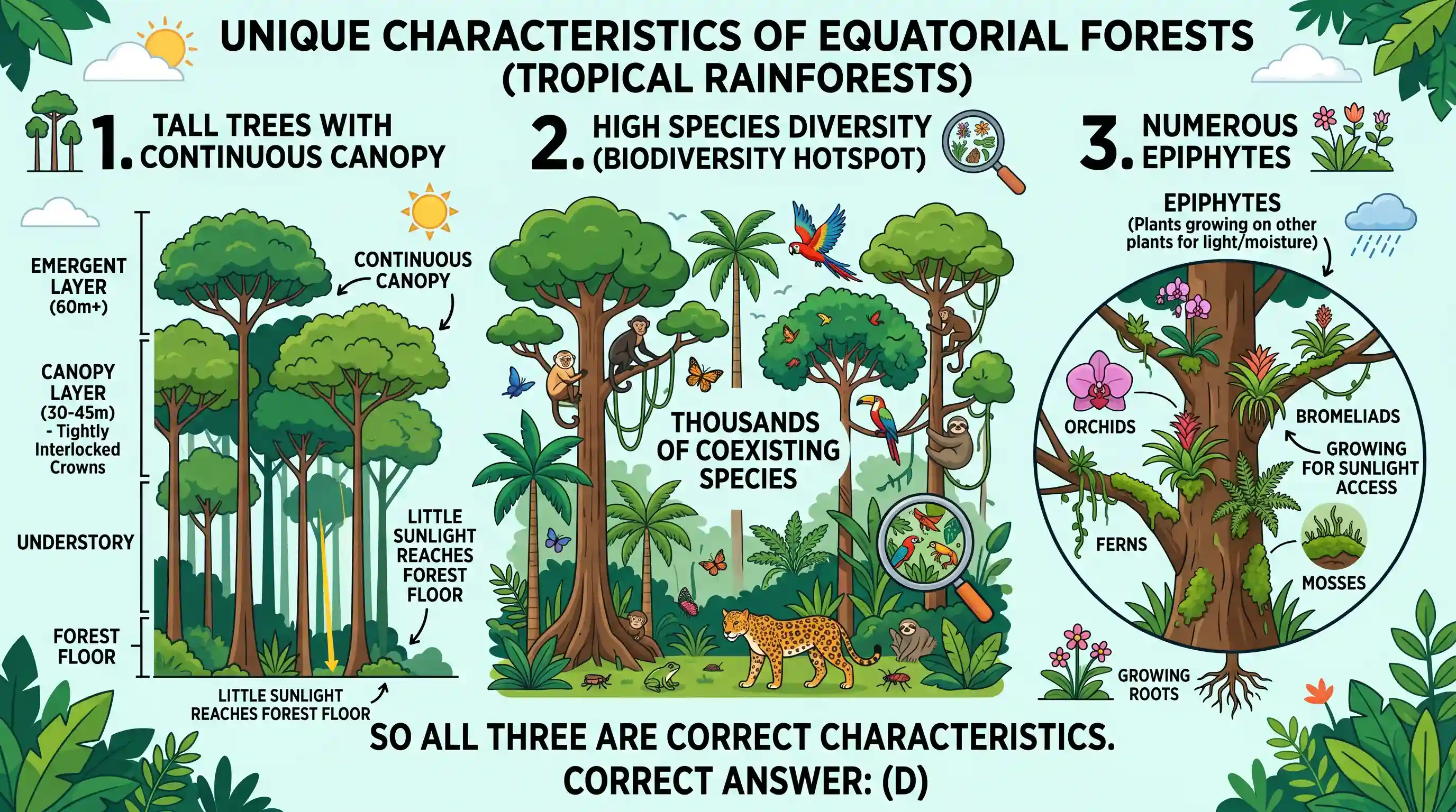 geography: Which of the following is/are unique characteristic/characteristics of equatorial forests? 1. Presence of tall, closely