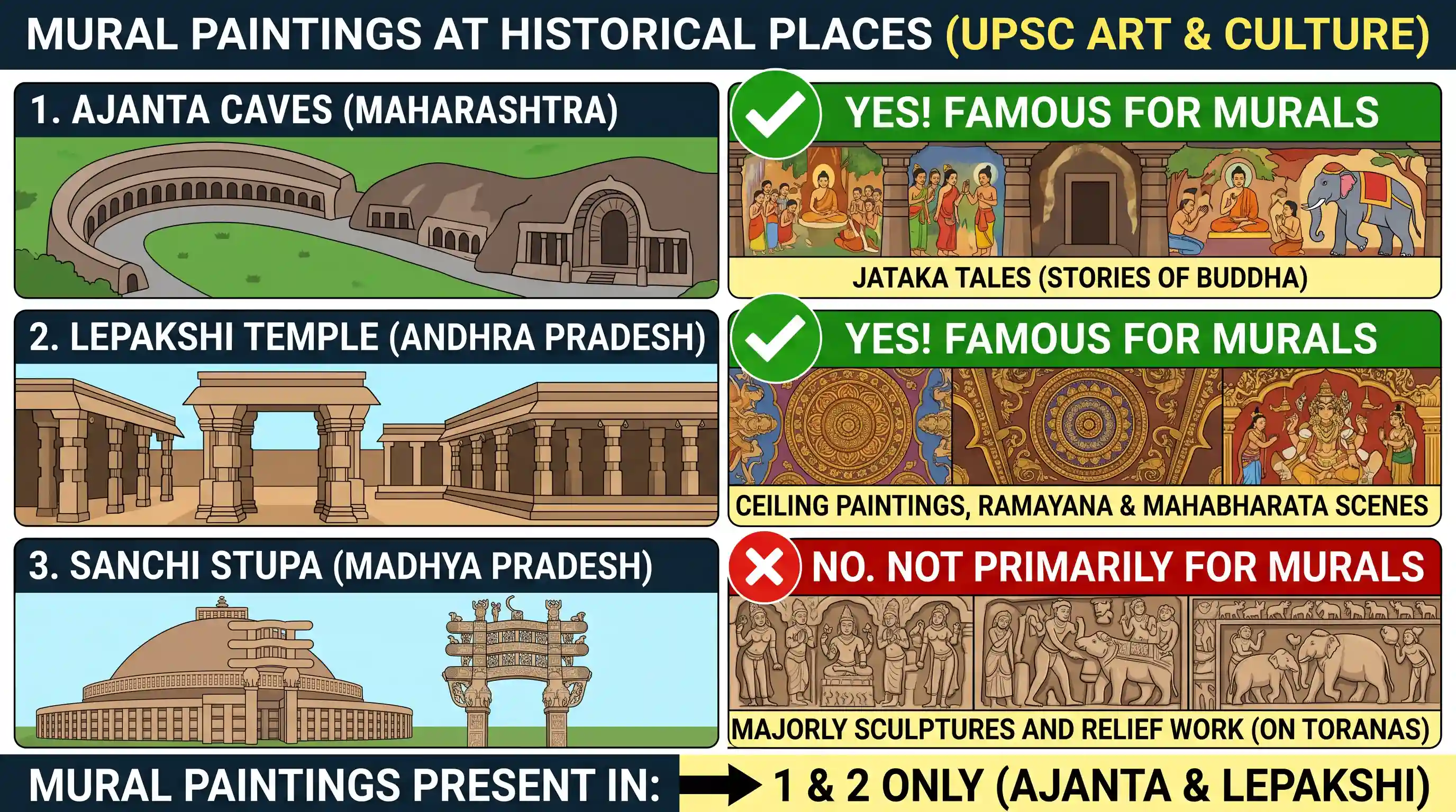 art-and-culture: Consider the following historical places: 1. Ajanta Caves 2. Lepakshi Temple 3. Sanchi Stupa Which of the above places i