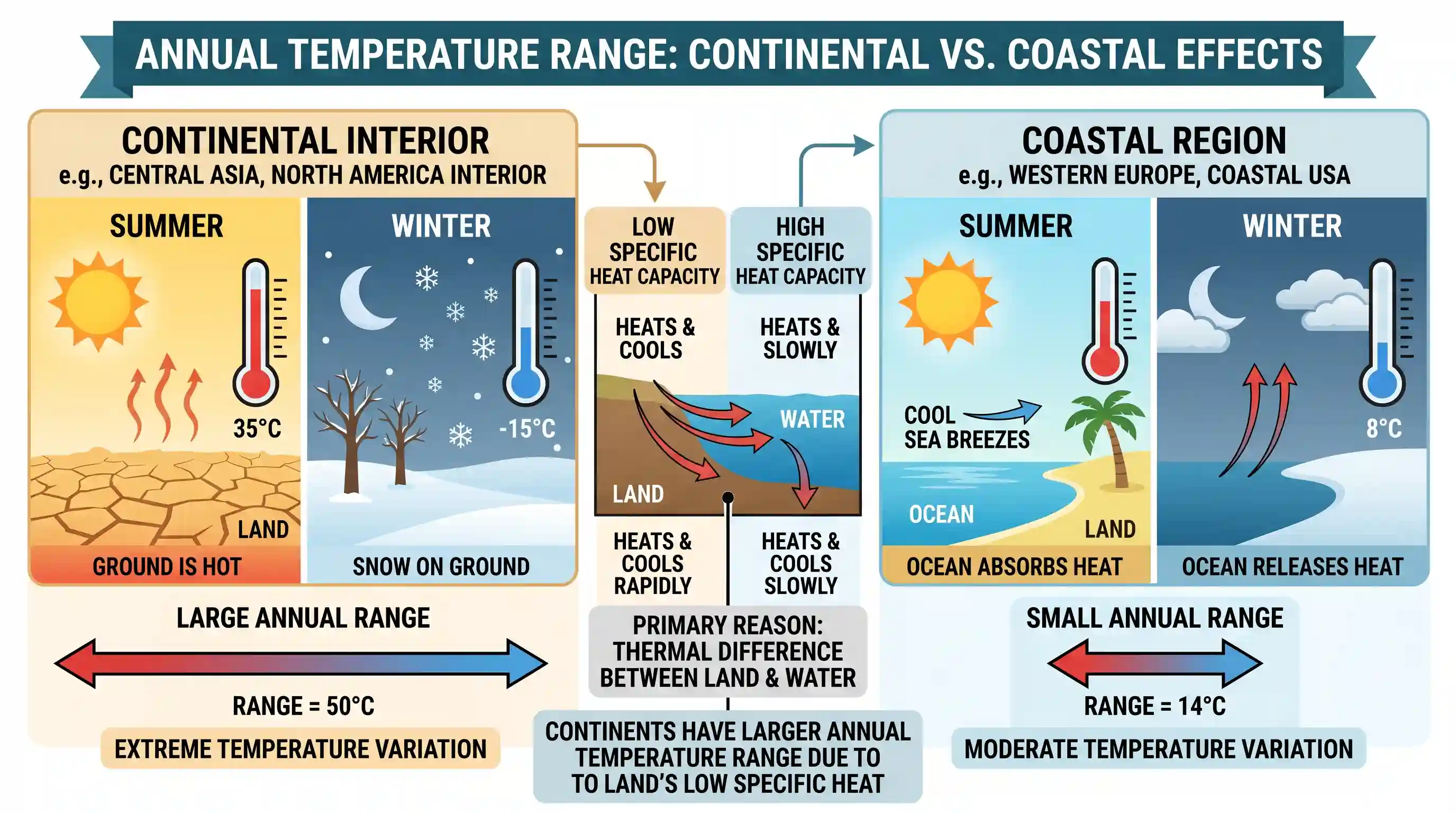 geography: The annual range of temperature in the interior of the continents is high as compared to coastal areas. What is/are the