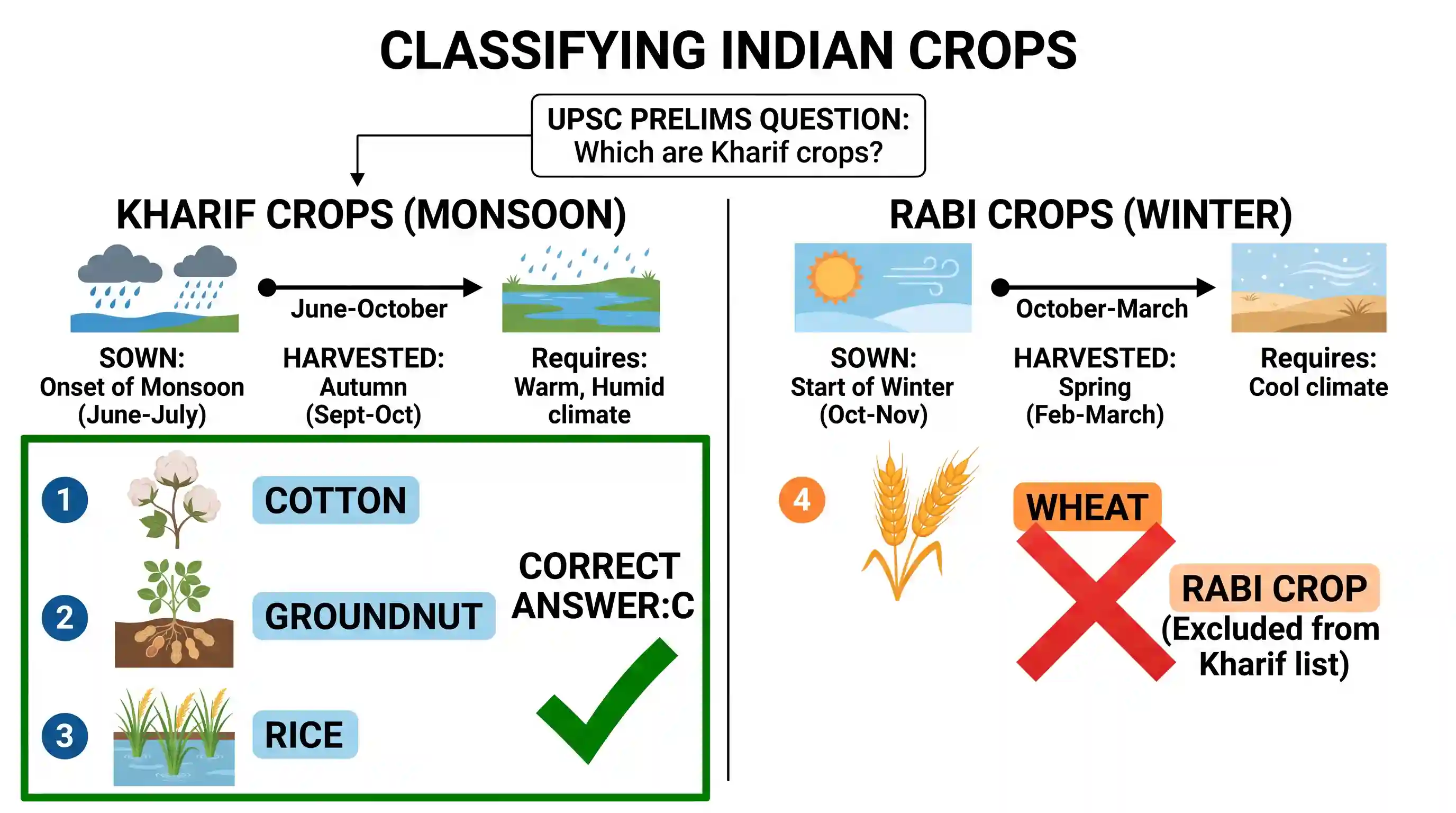 geography: Consider the following crops : 1. Cotton 2. Groundnut 3. Rice 4. Wheat Which of these are Kharif crops?