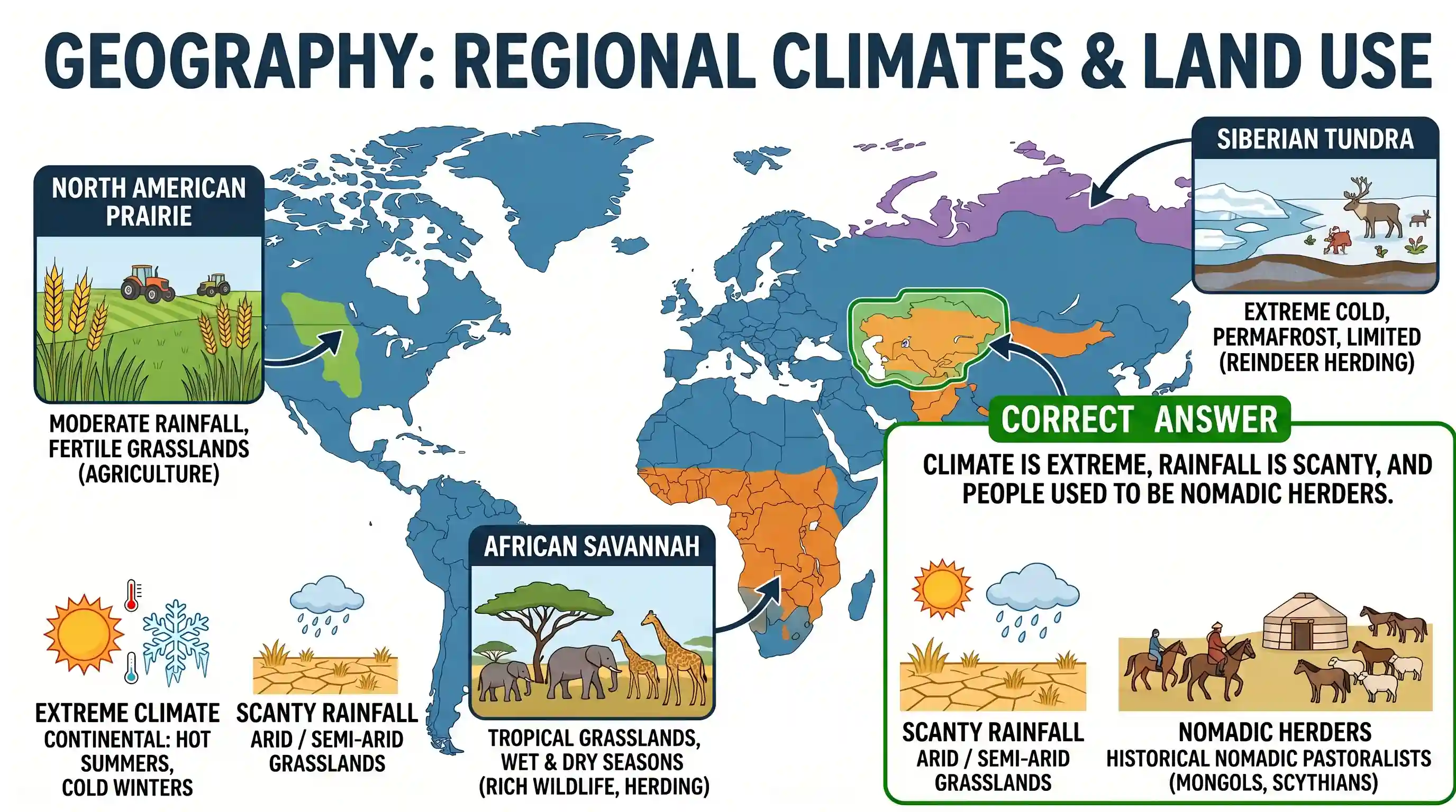 geography: "Climate is extreme, rainfall is scanty and the people used to be nomadic herders." The above statement best describes w