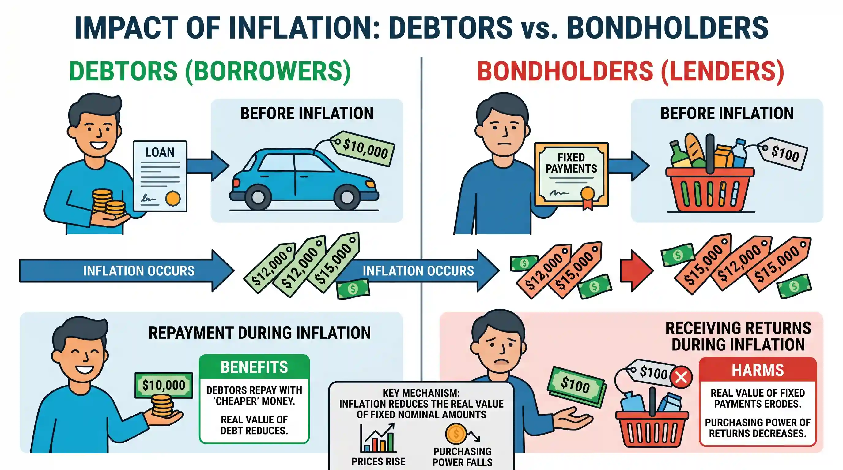 economy: Consider the following statements : 1. Inflation benefits the debtors. 2. Inflation benefits the bond-holders. Which of