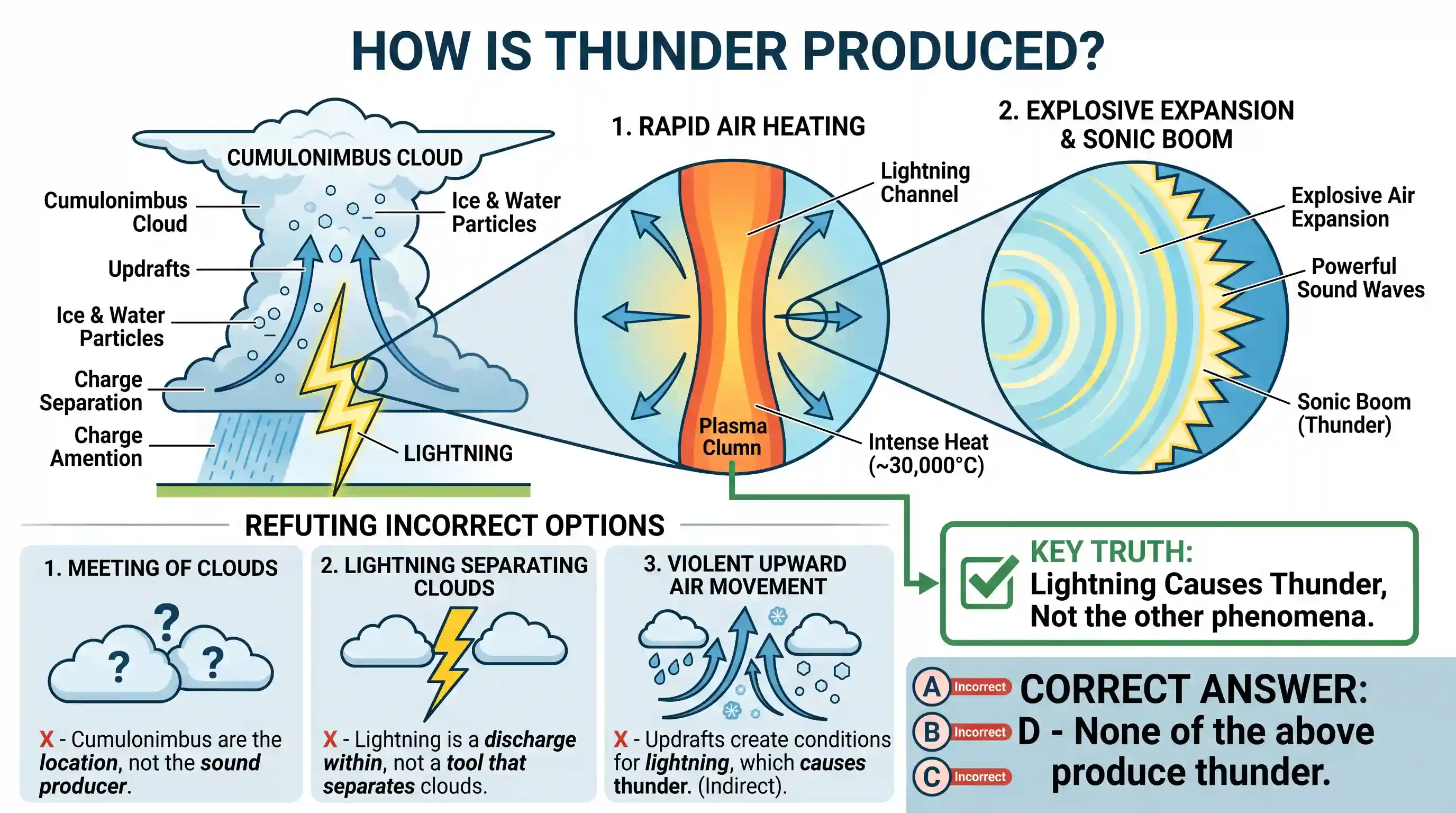 geography: During a thunderstorm, the thunder in the skies is produced by the meeting of cumulonimbus clouds in the sky 1. 2. light