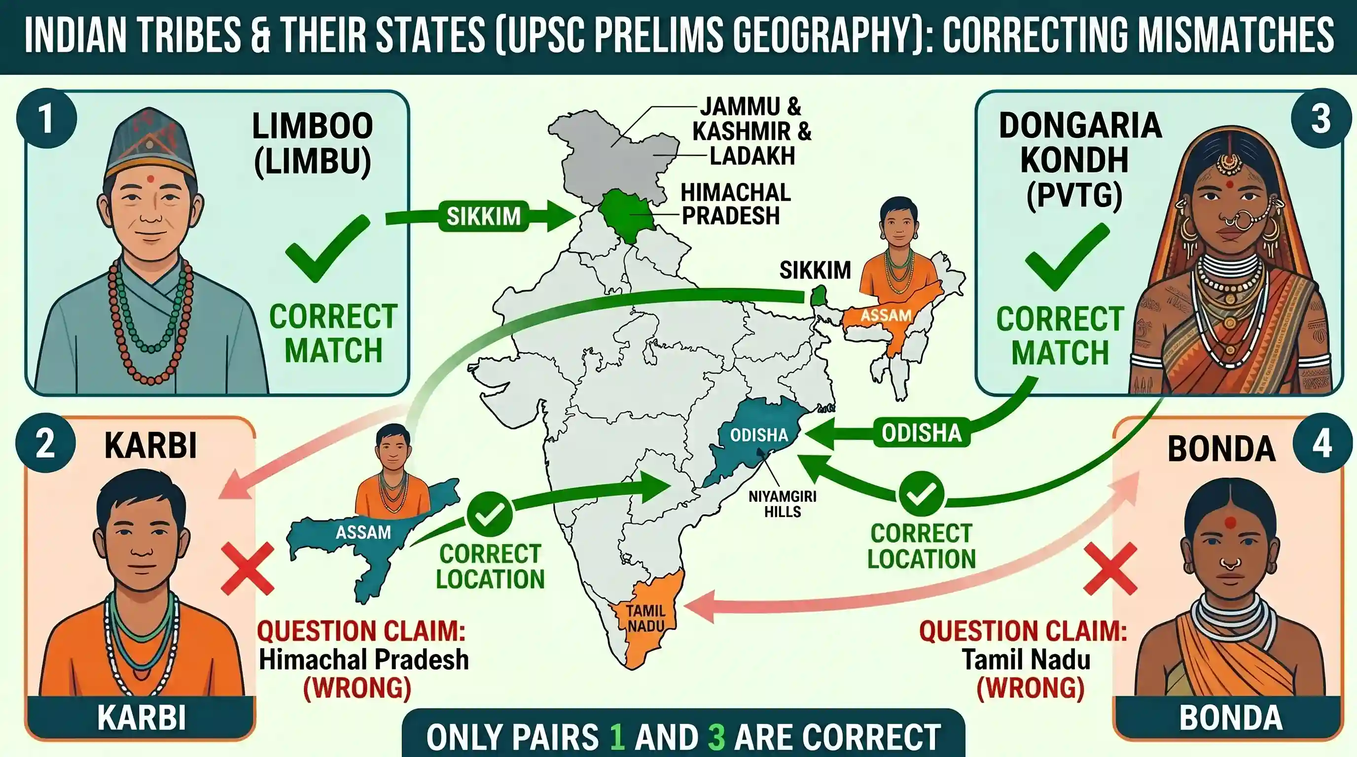 geography: Consider the following pairs : Tribe State 1. Limboo (Limbu): Sikkim 2. Karbi : Himachal Pradesh 3. Dongaria Kondh: Odis
