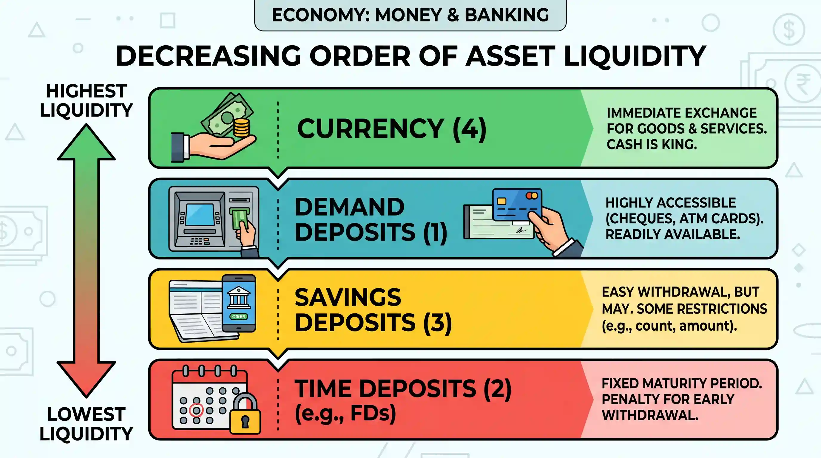 economy: Consider the following liquid assets: 1. Demand deposits with the banks 2. Time deposits with the banks 3. Savings depos