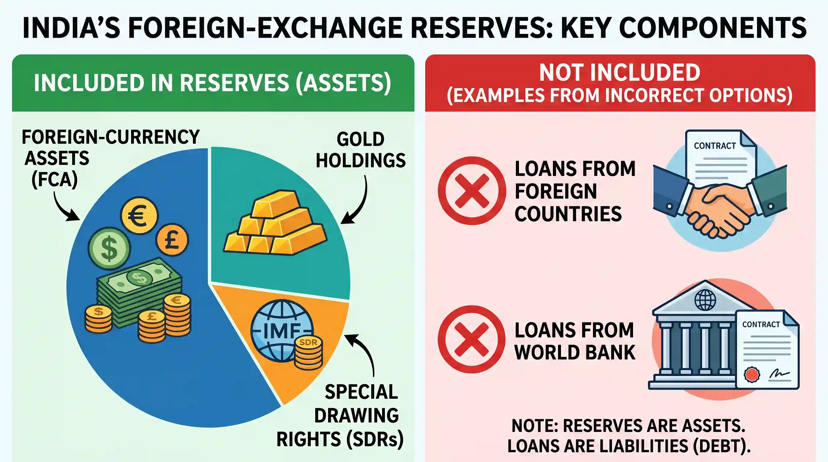 economy: Which one of the following groups of items is included in India's foreign-exchange reserves?